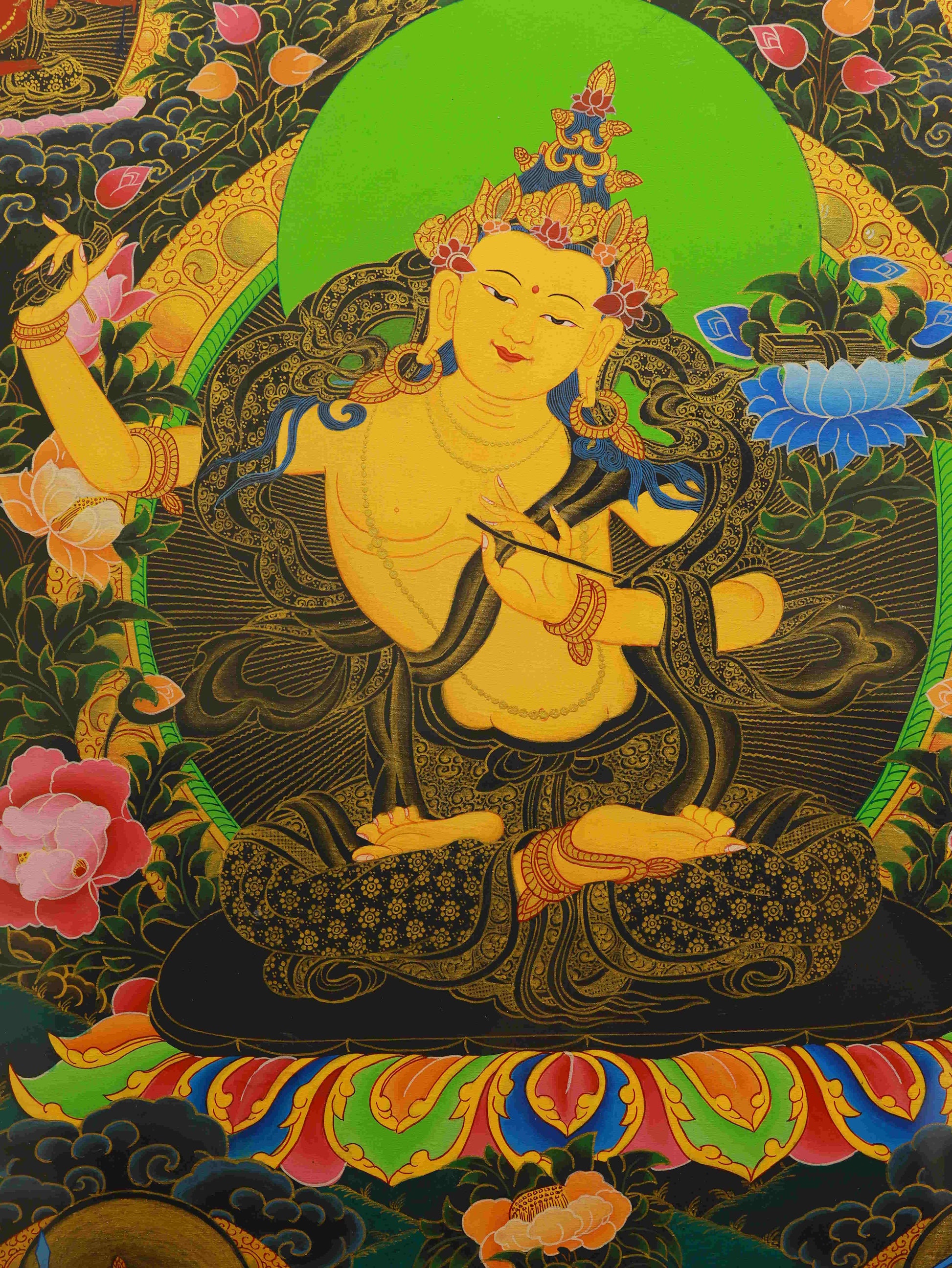Tibetan Thangka of Manjushri with Mineral Pigments - Wisdom Deity

