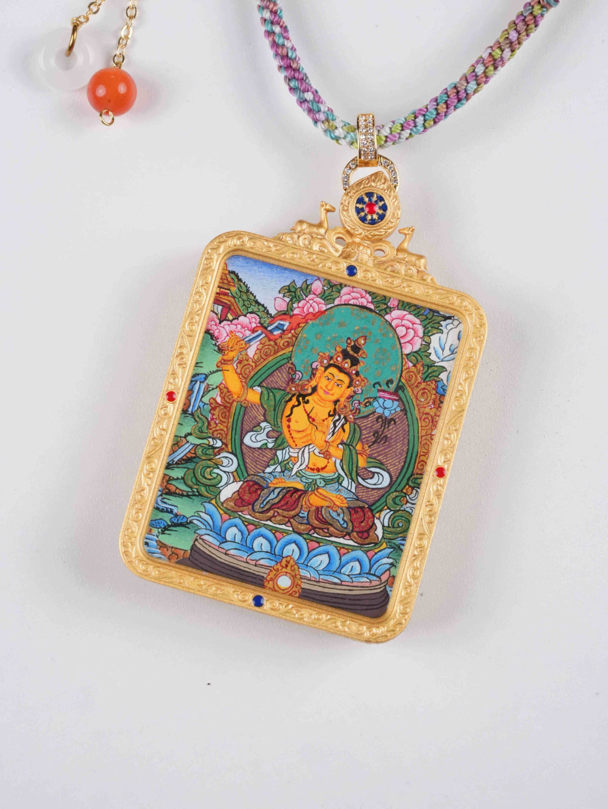  Antique-style Tibetan Thangka painting featuring Manjushri adorned with a intricate Five-Buddha Crown, symbolizing supreme wisdom. Created with traditional techniques and natural colors.