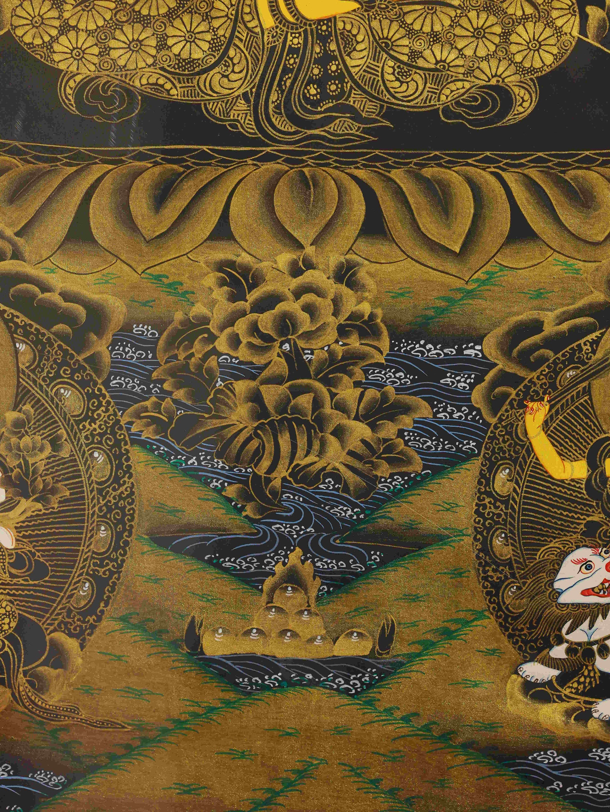 Wisdom Buddha art Thangka depicting Lord Manjushri, hand-painted on canvas with traditional Tibetan craftsmanship and natural mineral pigments.