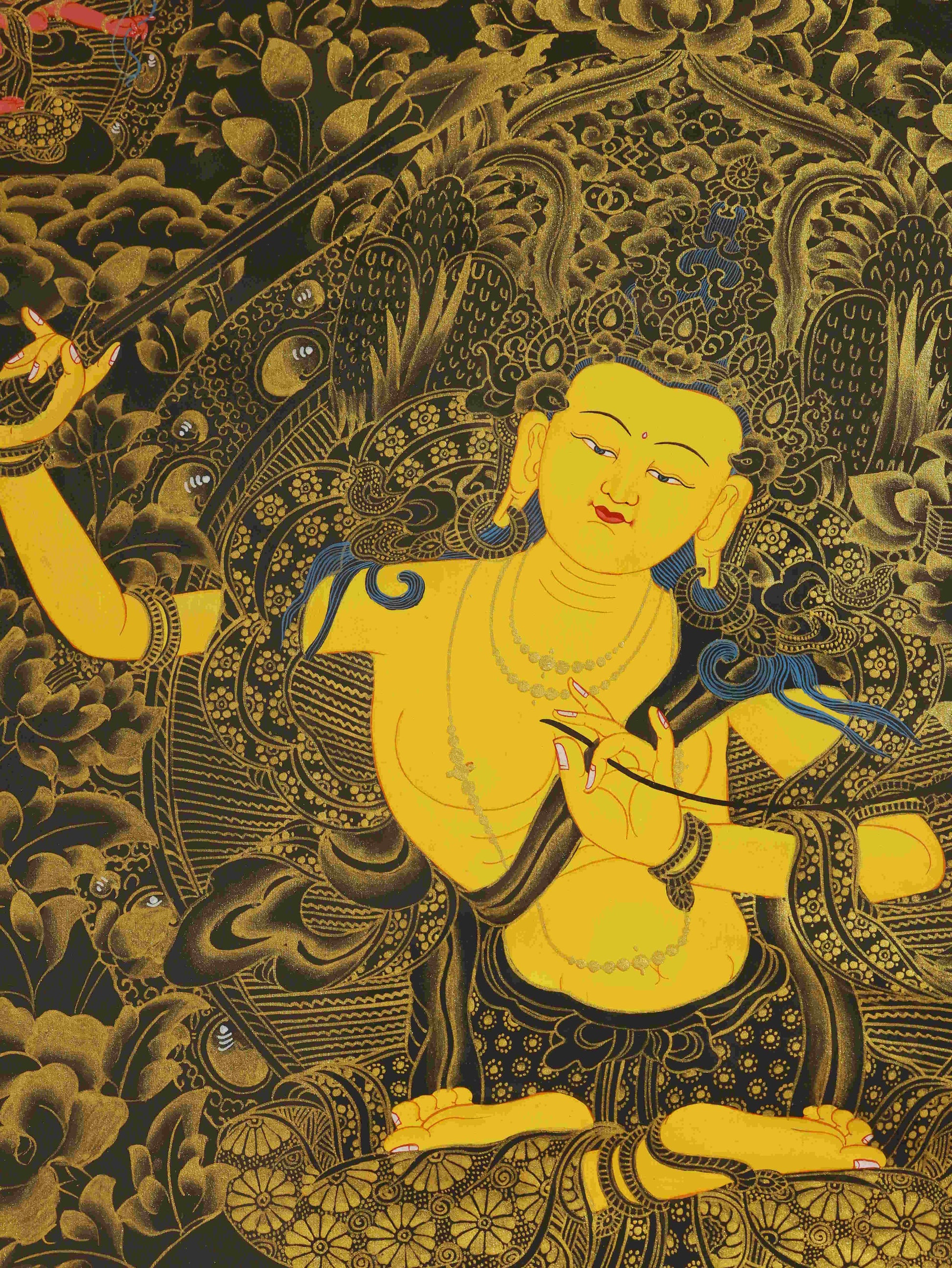 Tibetan Buddhist Manjushri Thangka painting in authentic Buddha art style, emphasizing pure hand-painting and sacred symbolism of wisdom and knowledge.