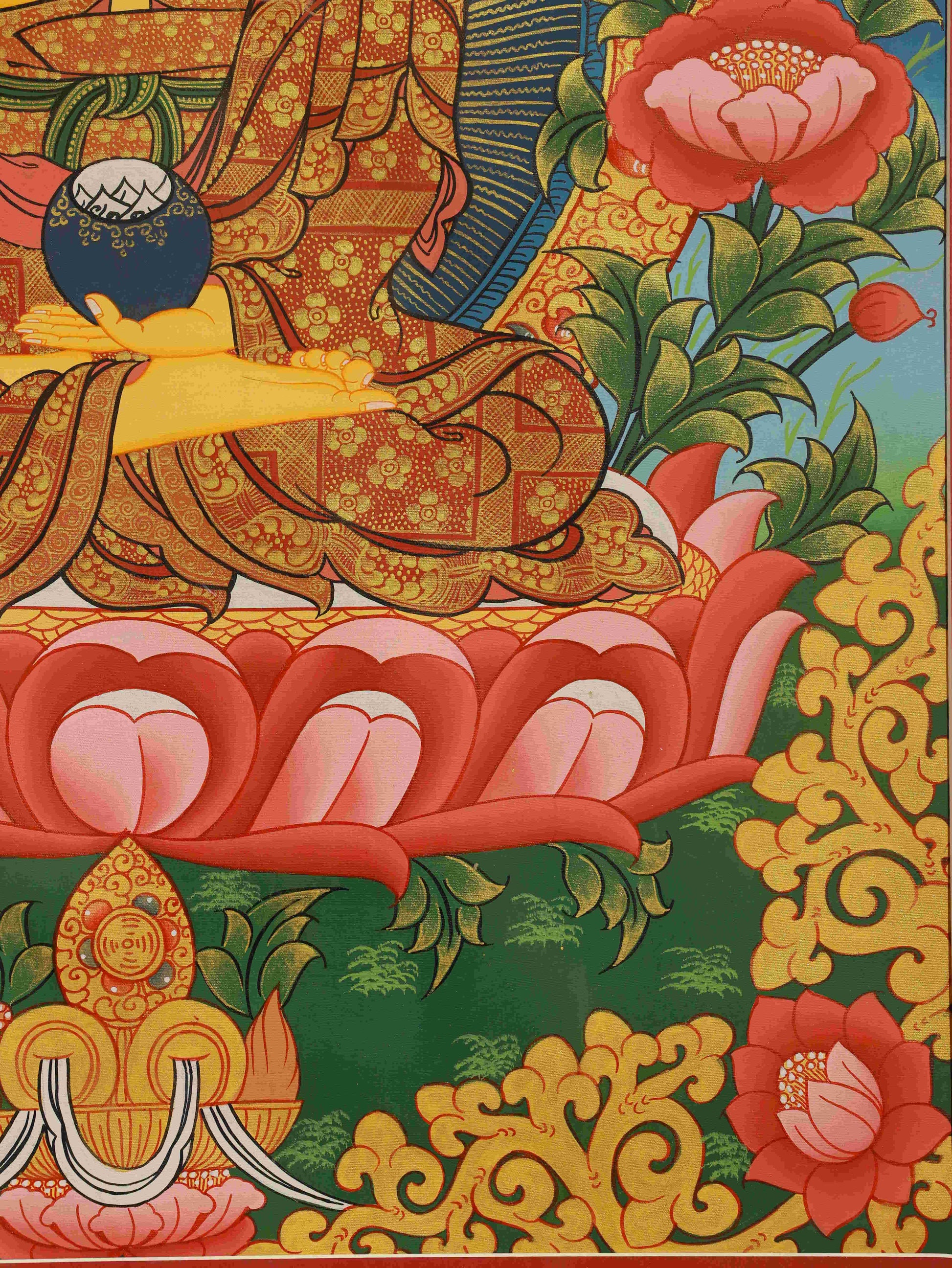 Traditional Tibetan Buddhist Shakyamuni Buddha Thangka painting, pure hand-painted with mineral pigments on canvas, symbolizing enlightenment and peace.