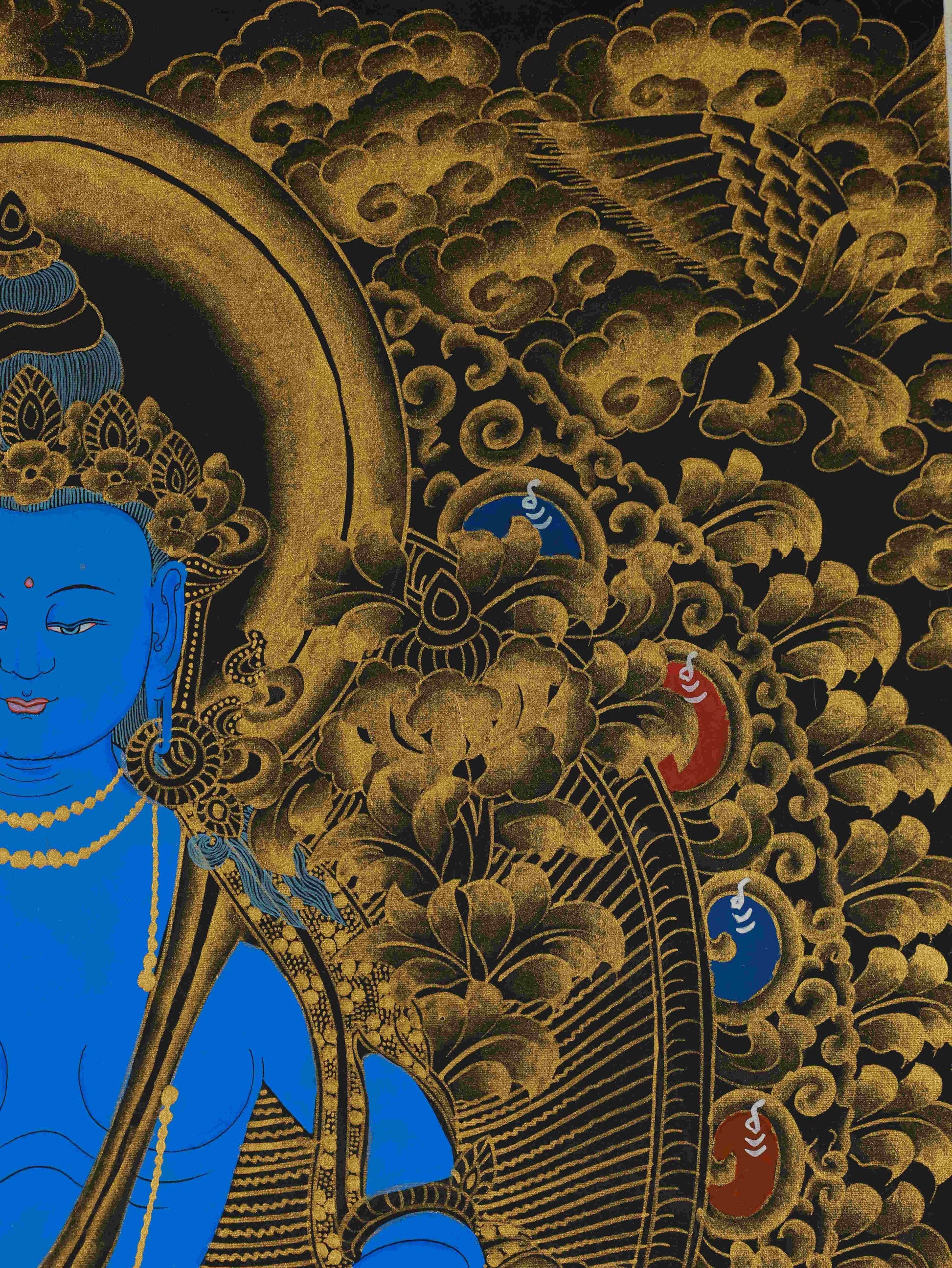 Handcrafted Black and Gold Akasagarbha Bodhisattva Thangka – authentic Tibetan Buddhist art for devotion and meditation.