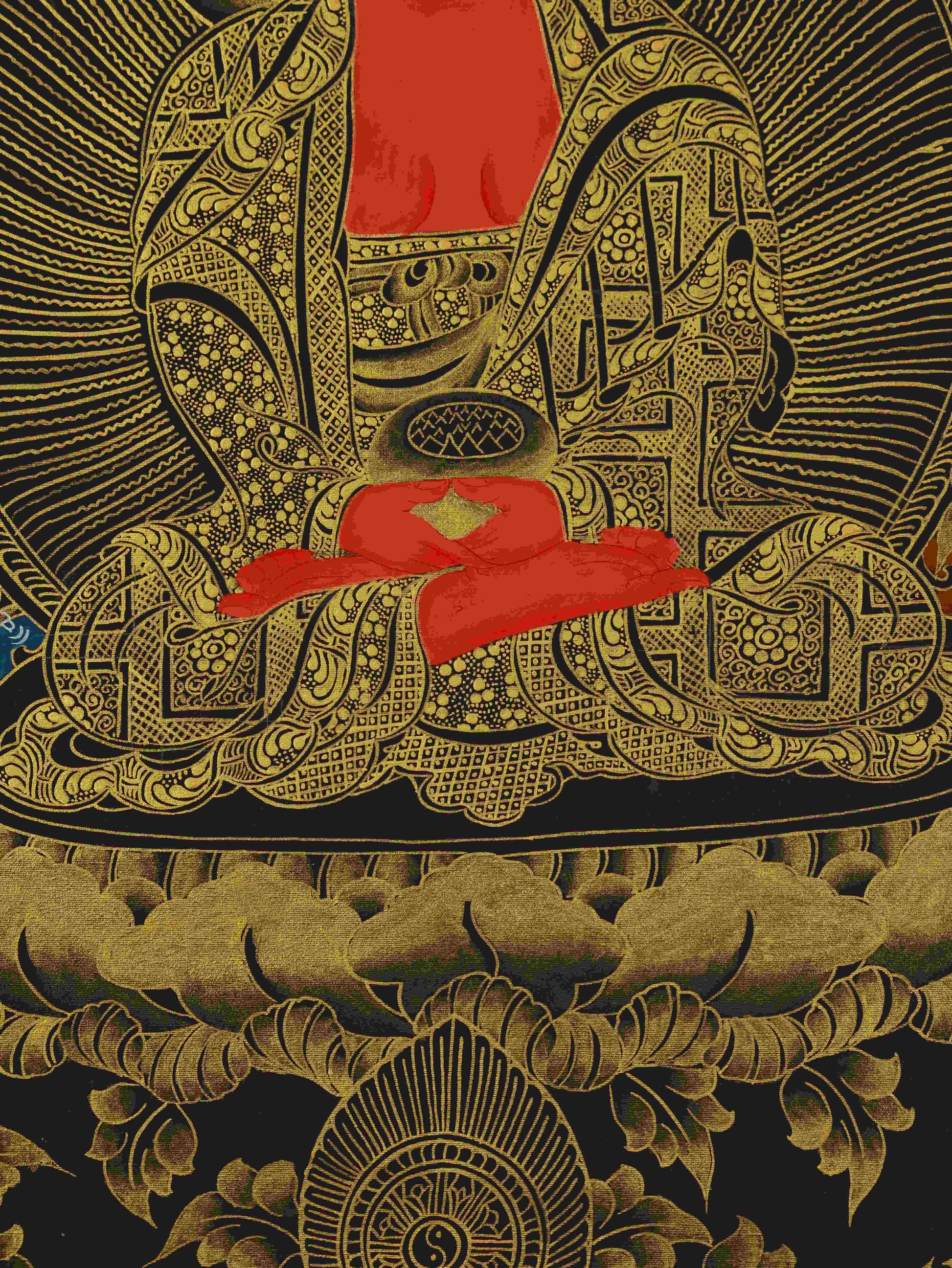 Black and Gold Tibetan Thangka Painting of Amitabha Buddha – handcrafted Buddhist sacred art.