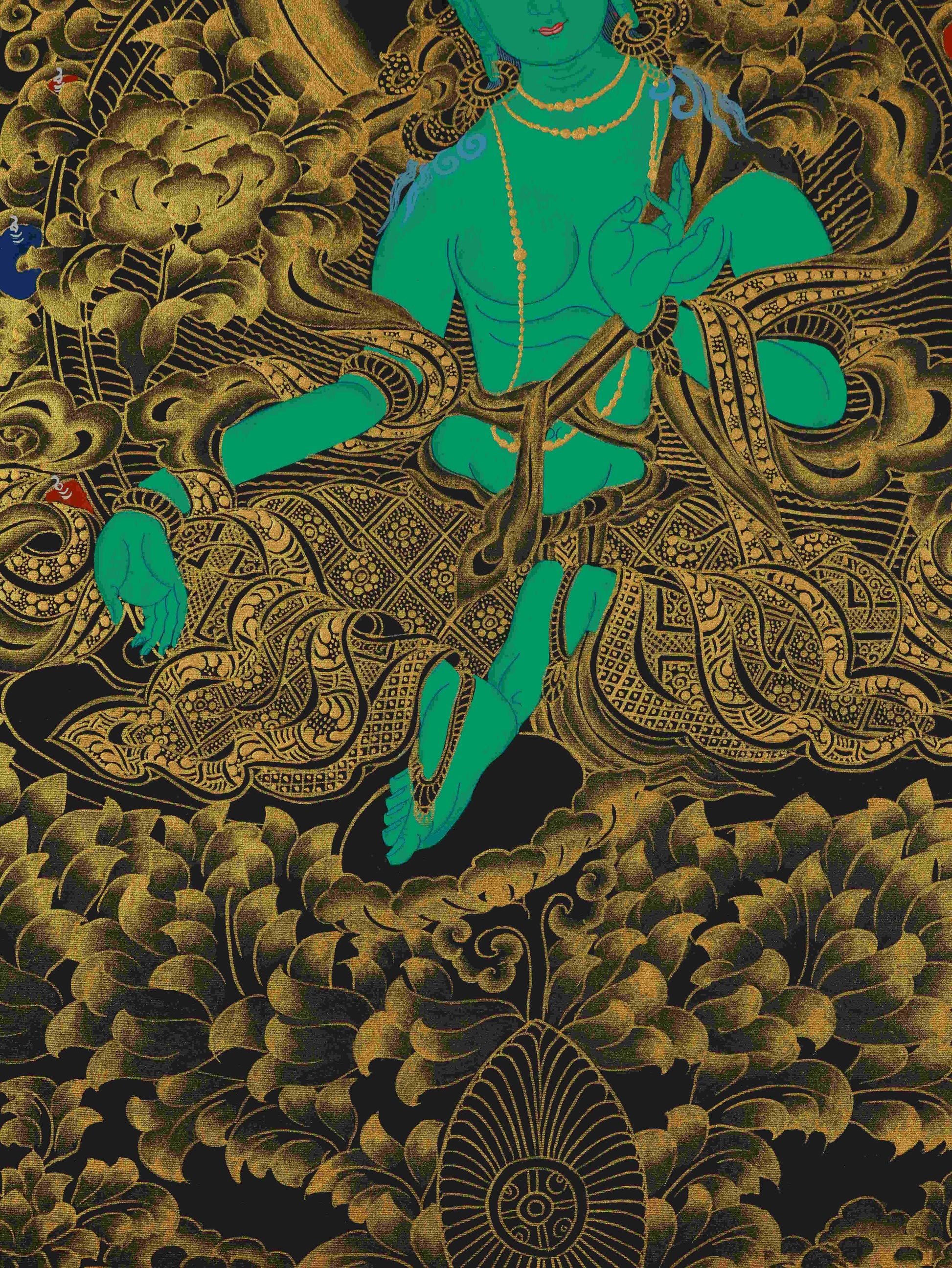 Handmade Tibetan Thangka Painting – Black and Gold Green Tara Bodhisattva, symbol of mercy and enlightenment.
