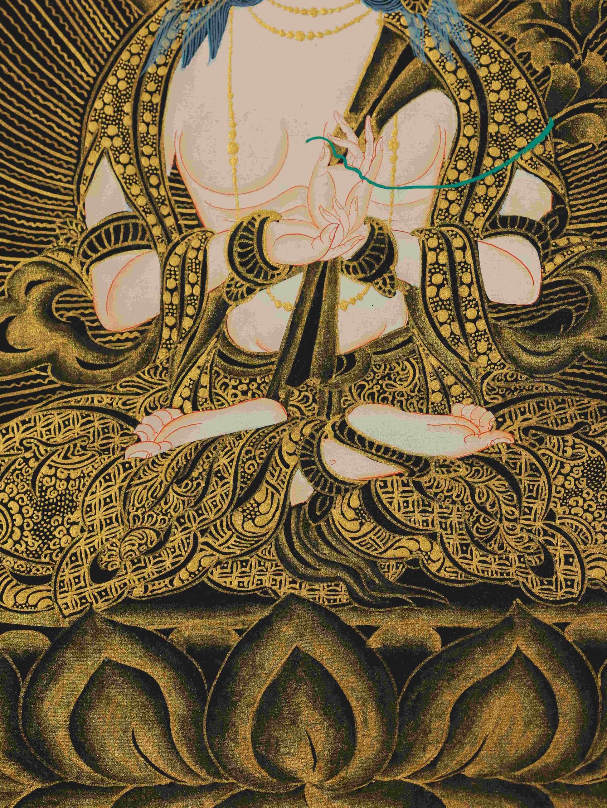 Hand-painted Tibetan Thangka of Samantabhadra Bodhisattva – black and gold sacred art with mineral pigments.