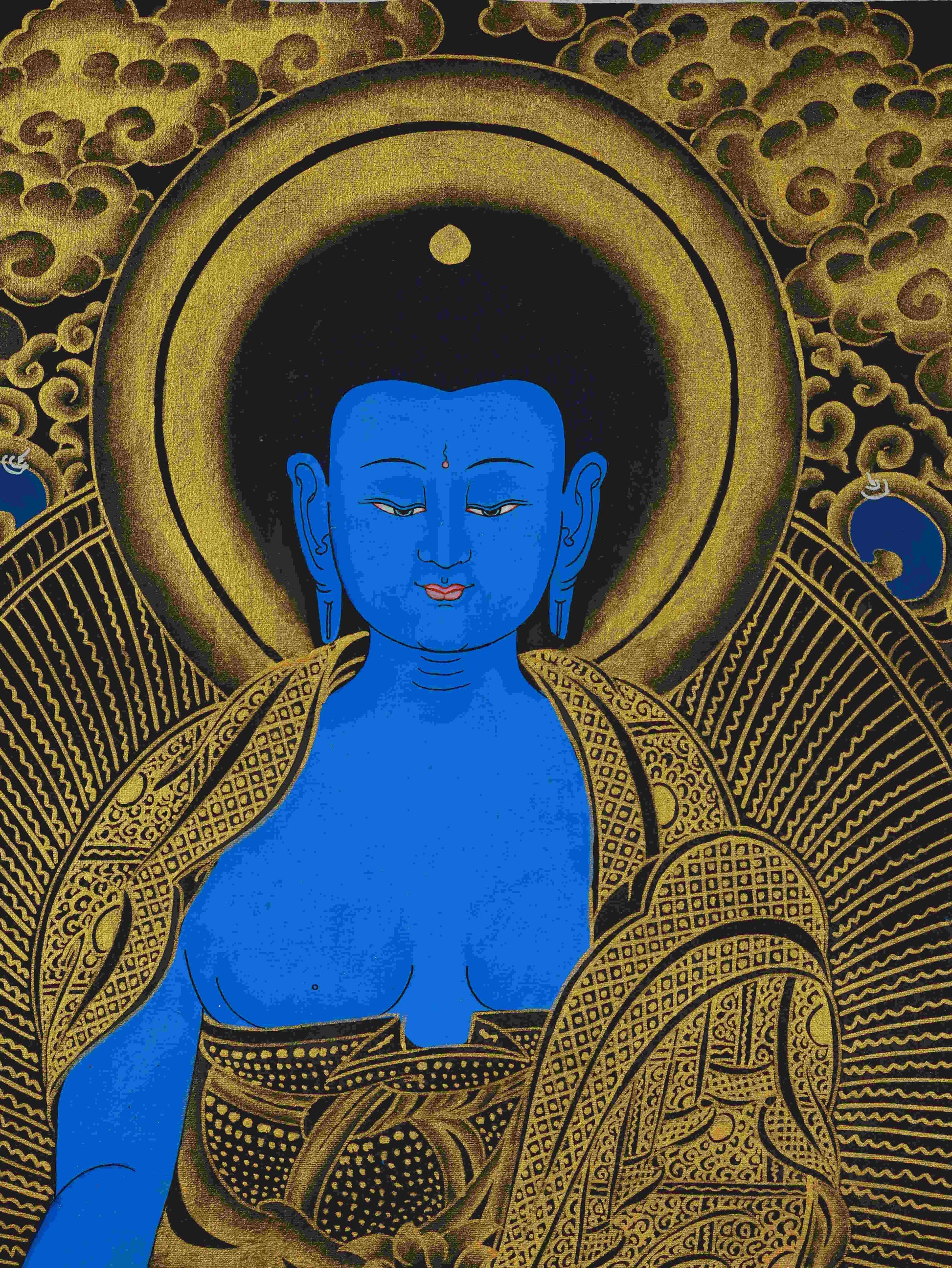 Hand-painted Tibetan Thangka of Shakyamuni Buddha – black and gold sacred Buddhist art.