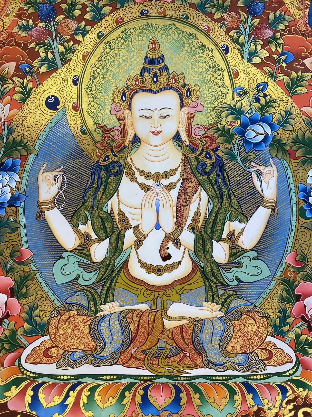 Handcrafted Tibetan Buddhist Thangka of Four-Armed Guan Yin with Intricate Detail