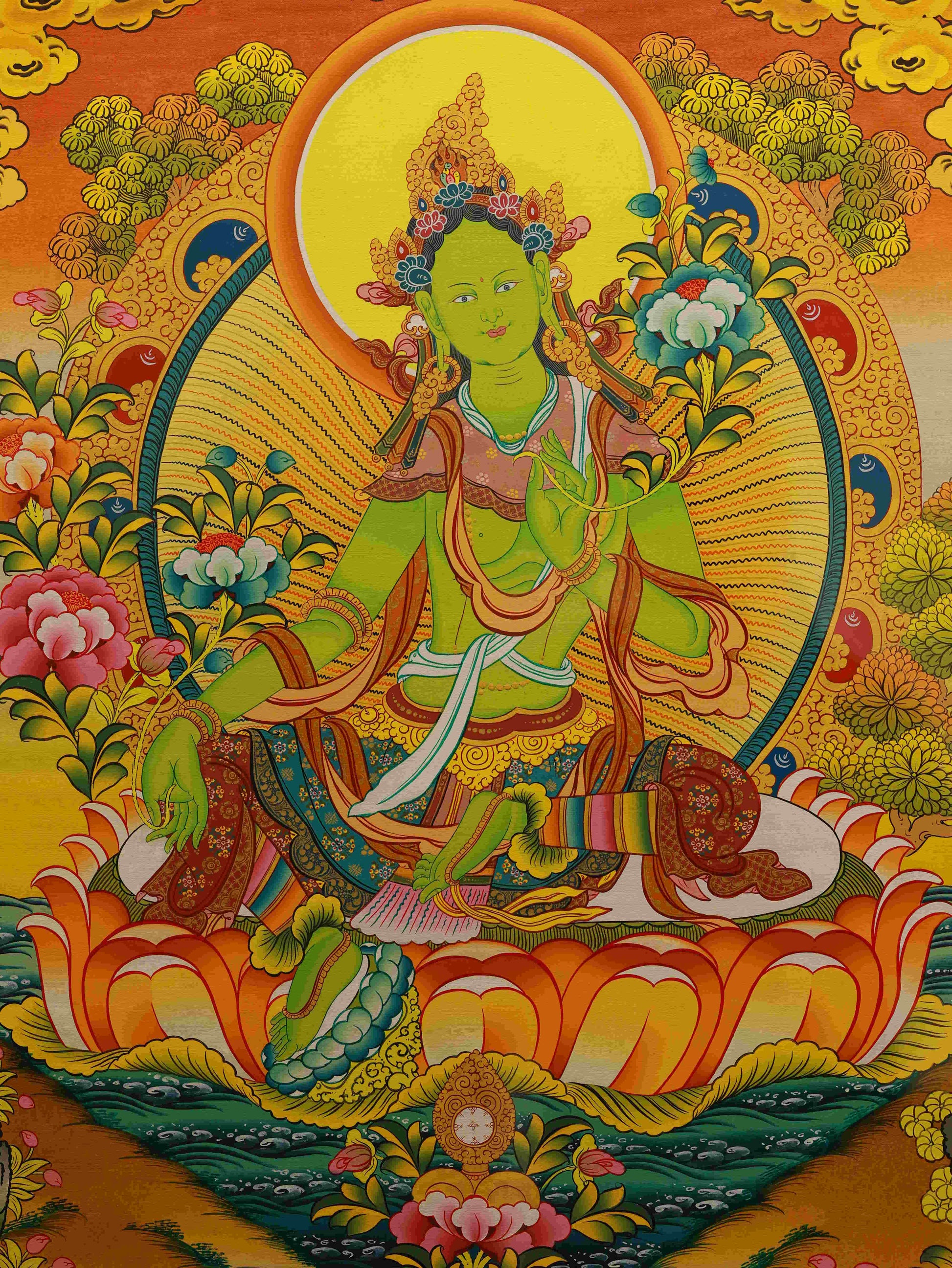Tibetan Buddhist Thangka Painting - Green Tara in Graceful Lotus Posture