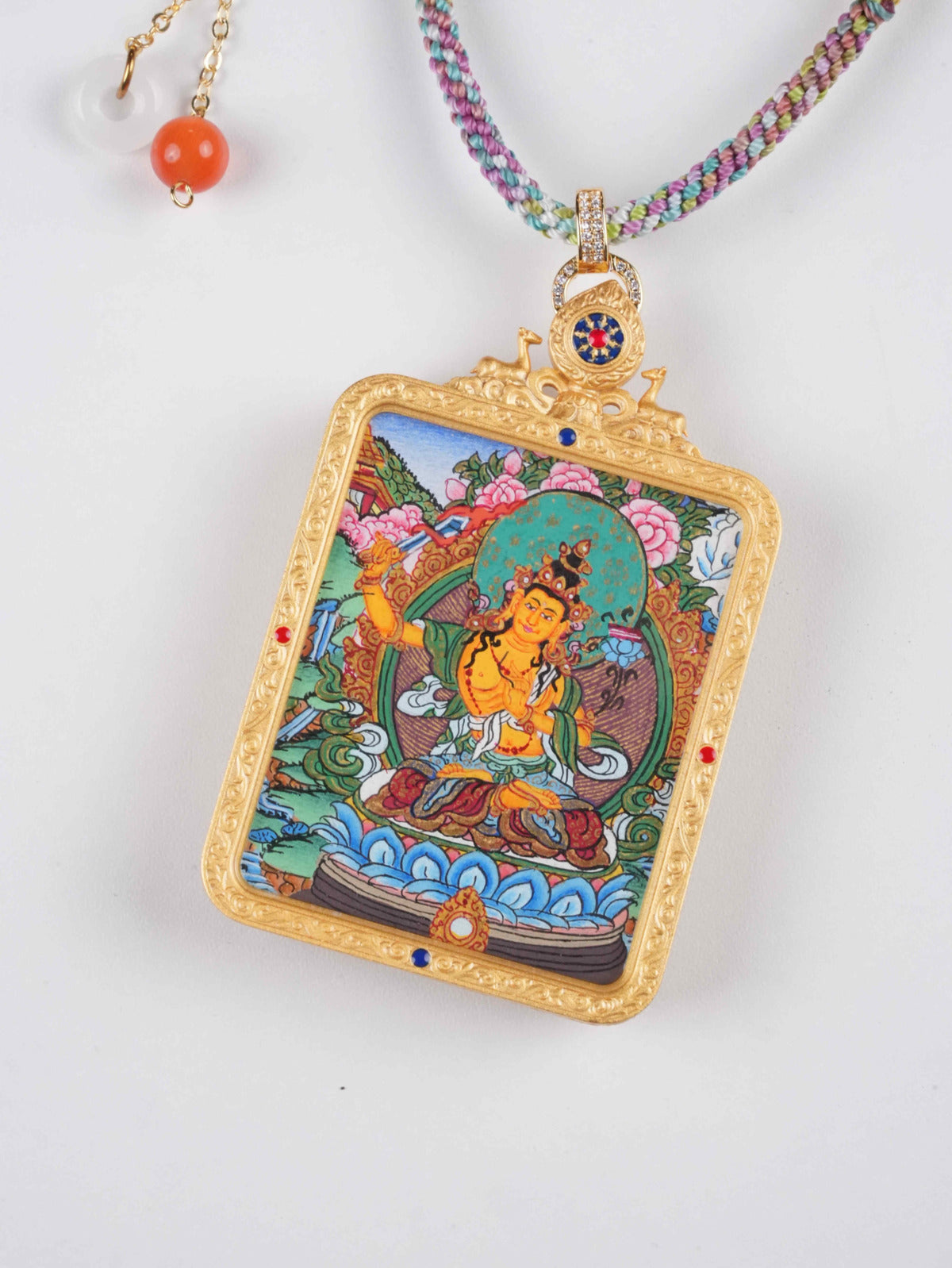  Exquisite close-up detail of a Manjushri Tibetan Thangka painting, showcasing fine brushwork and sacred Sanskrit mantras. Ideal for meditation and spiritual practice.