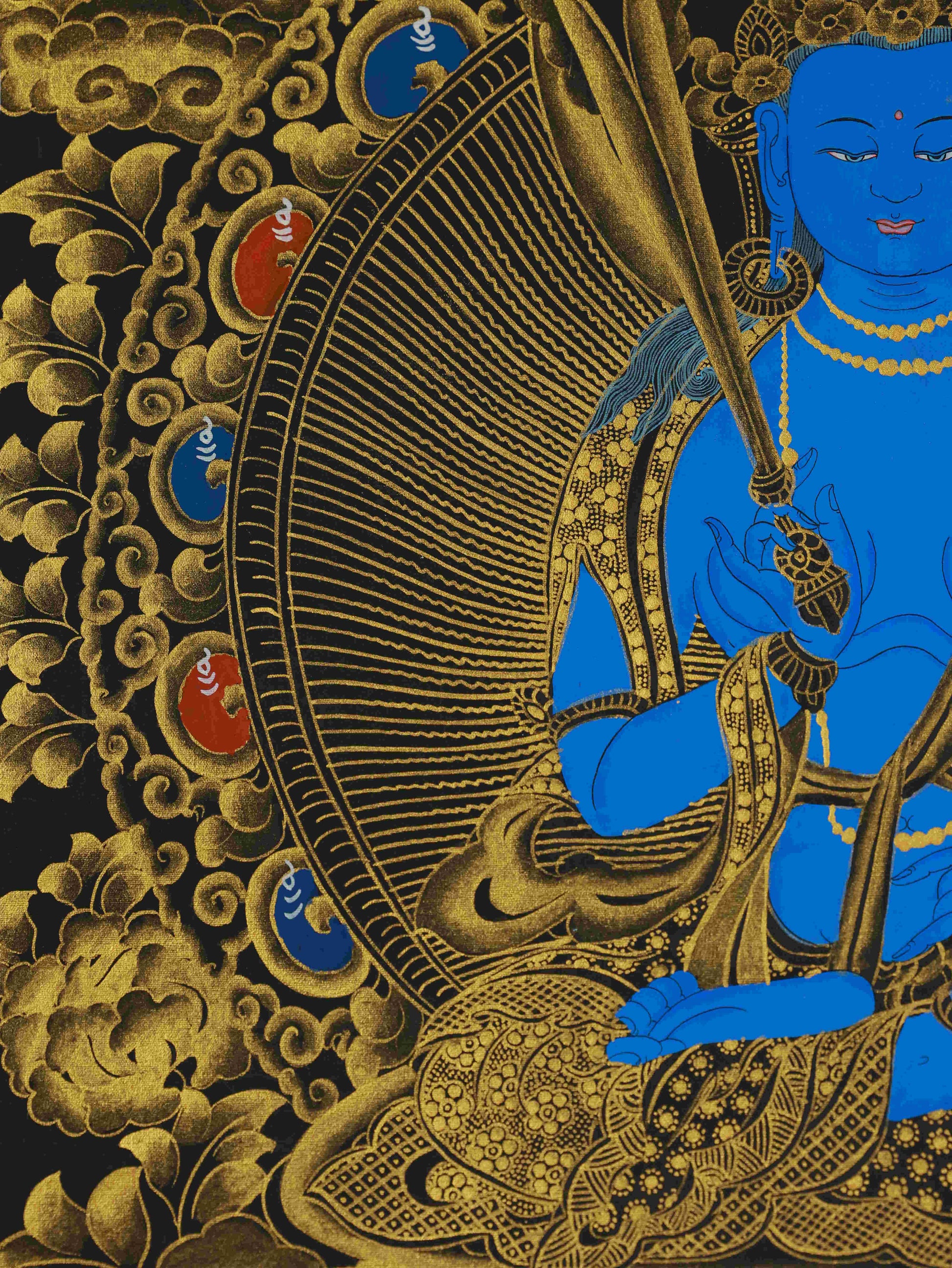 Hand-painted Akasagarbha Black and Gold Tibetan Thangka – Buddhist art representing infinite wisdom and virtue.
