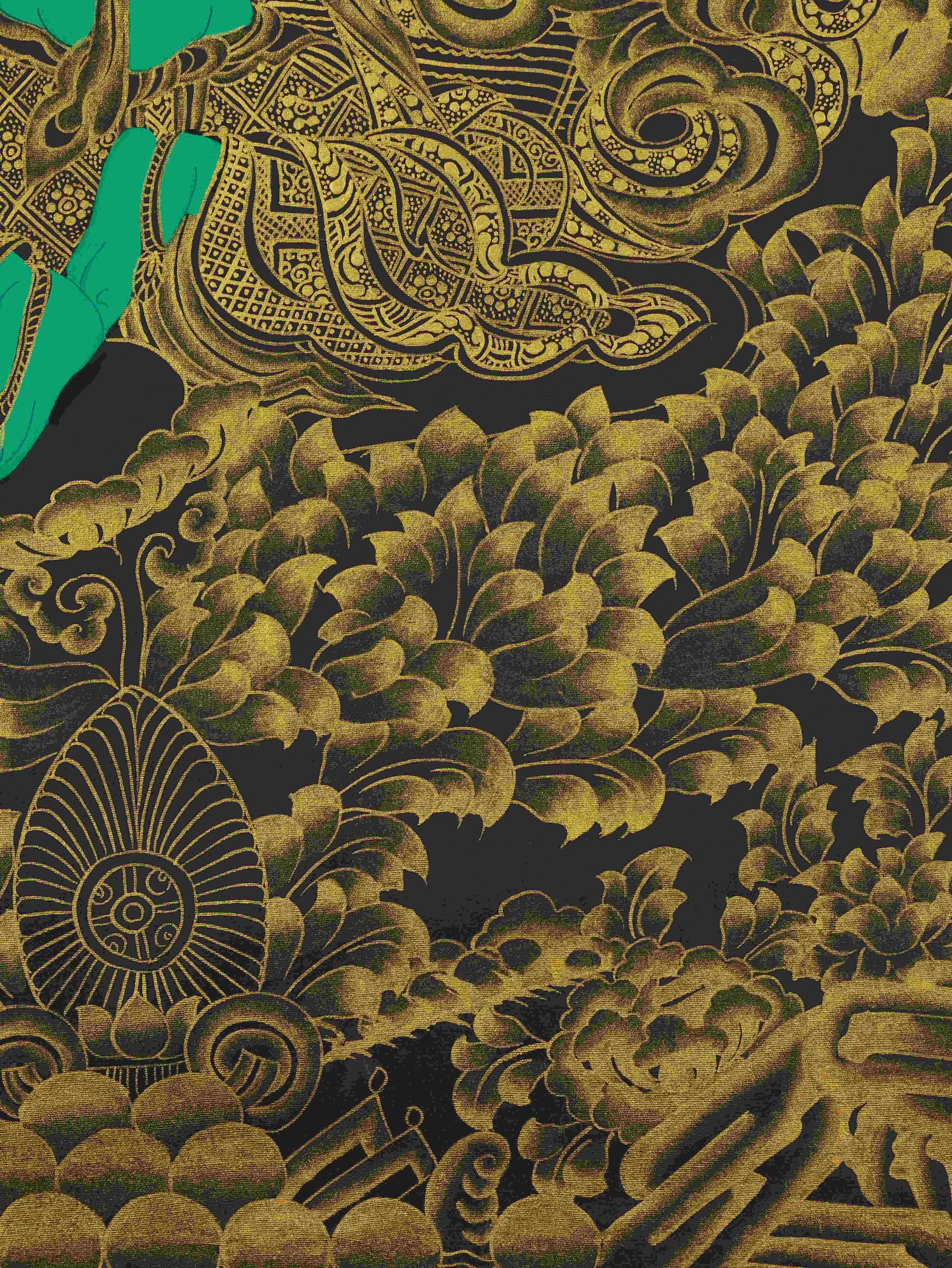 Hand-painted Tibetan Thangka of Green Tara – black and gold sacred art created with natural mineral pigments.