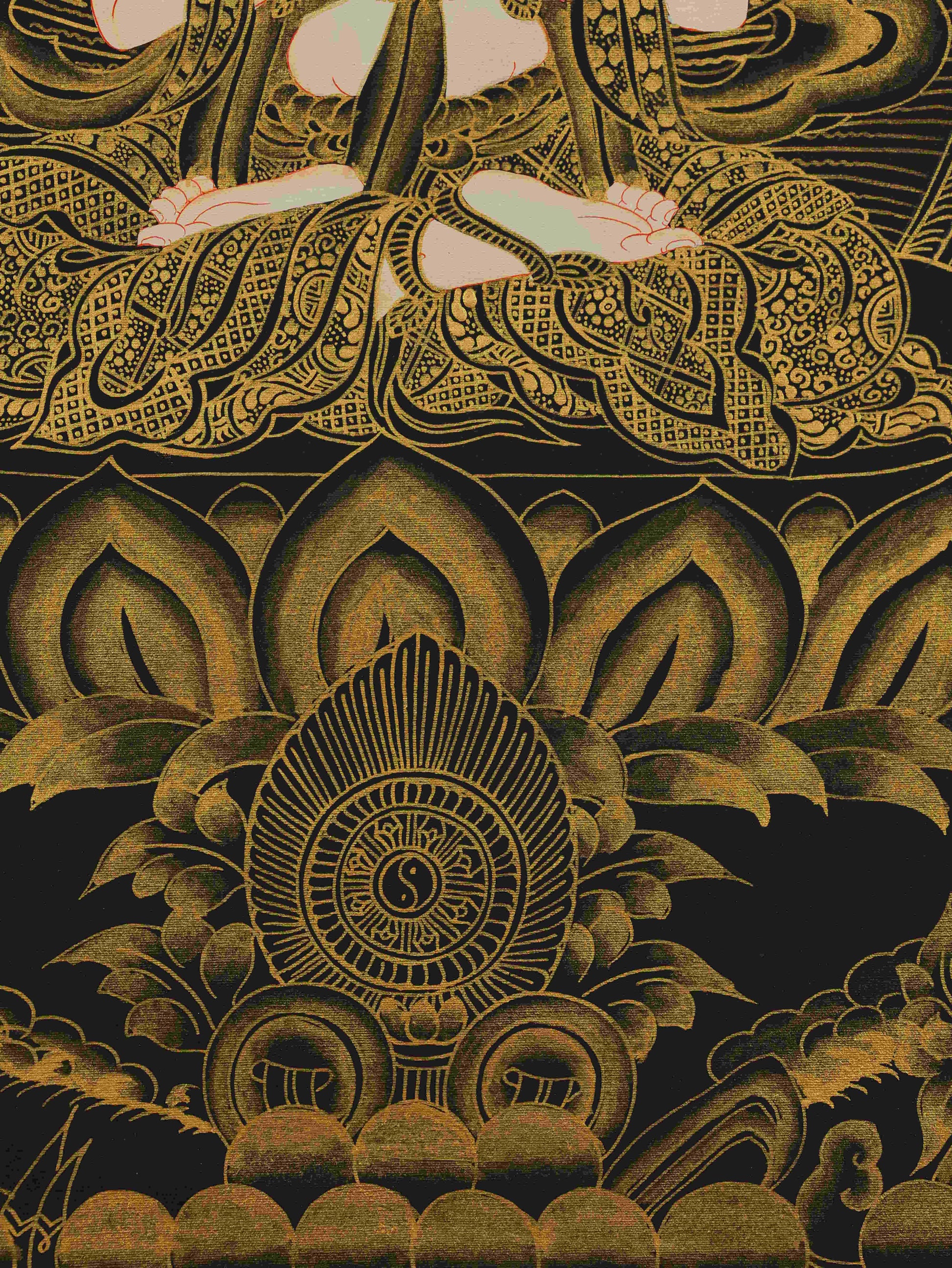 Handmade Tibetan Thangka Painting – Black and Gold Samantabhadra Bodhisattva, symbol of purity and wisdom.