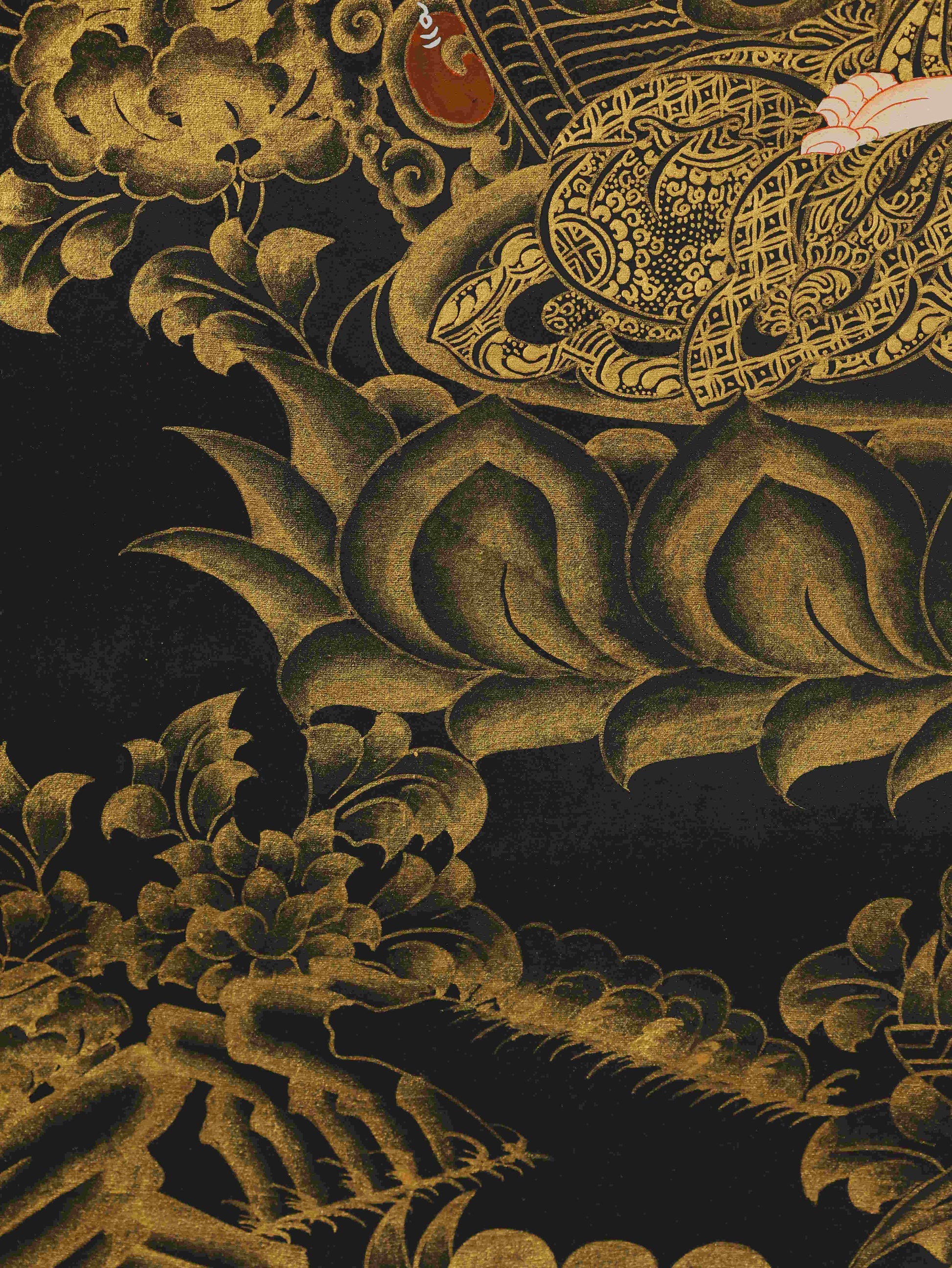 Handmade Tibetan Thangka Painting – Black and Gold Samantabhadra Bodhisattva, symbol of purity and wisdom.