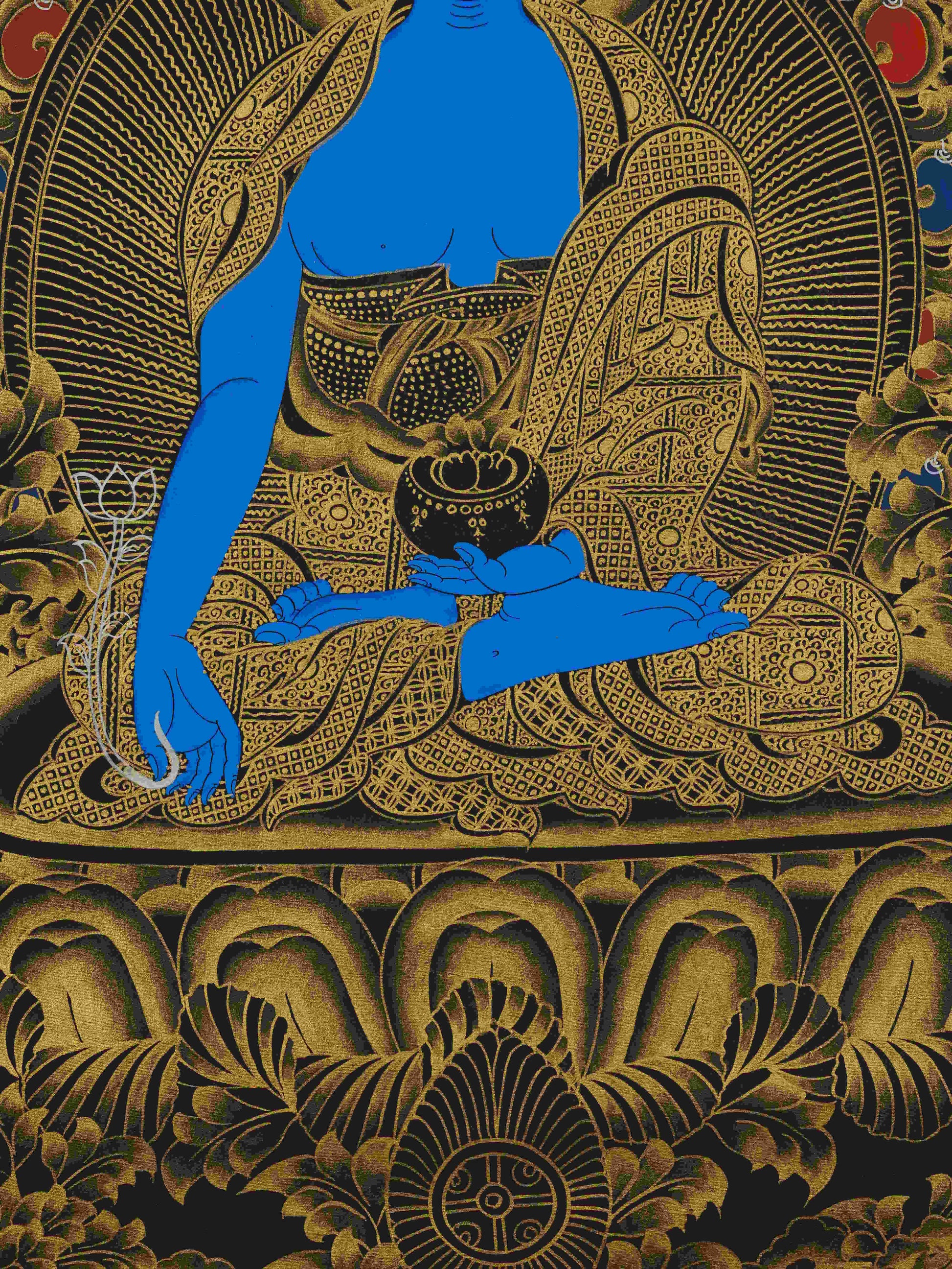 Handmade Tibetan Thangka Painting – Black and Gold Shakyamuni Buddha Buddhist Art symbolizing enlightenment.