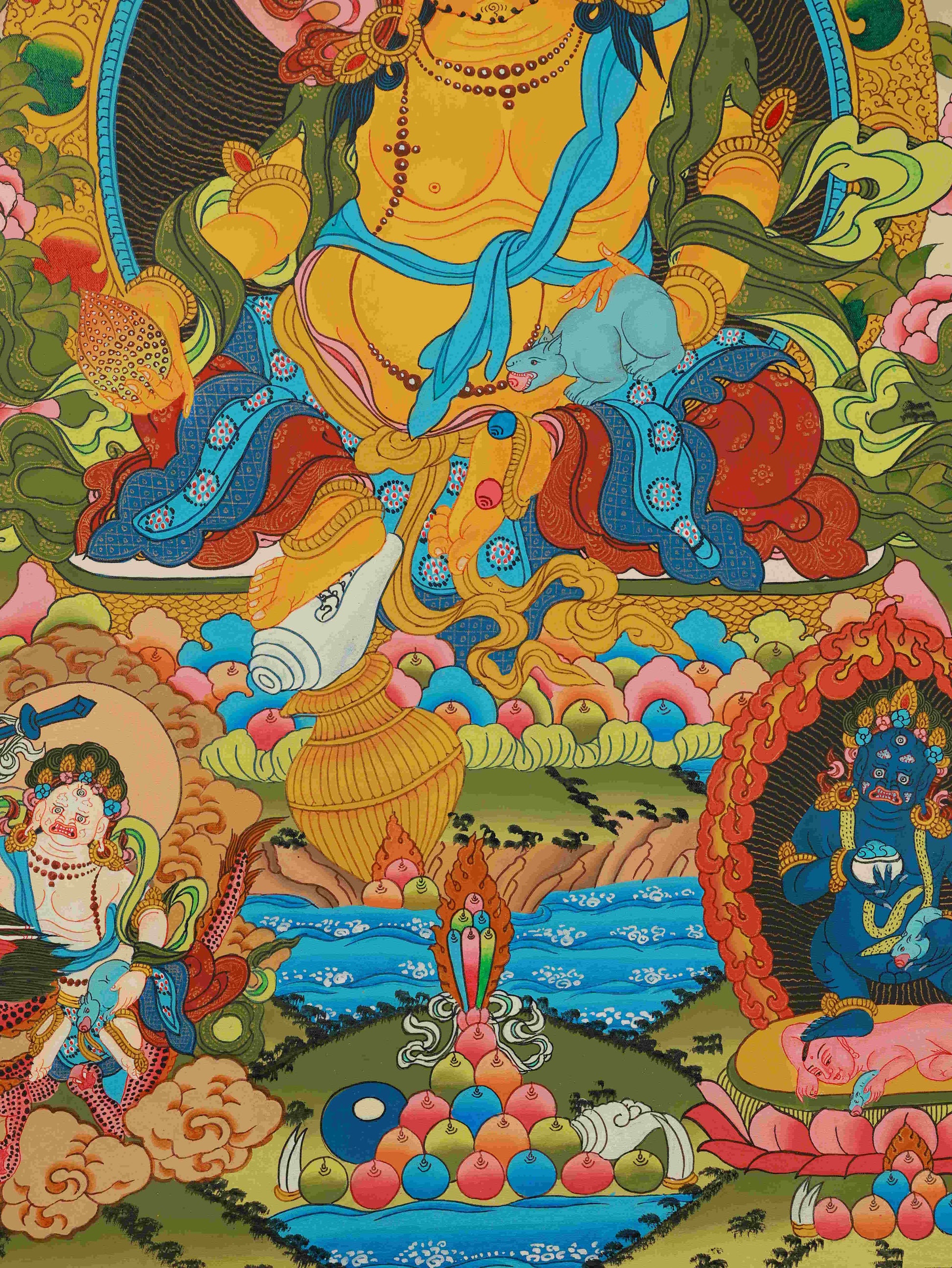 Handmade Dzambhala Thangka painting in Tibetan Buddhist style, detailed with mineral pigment art.