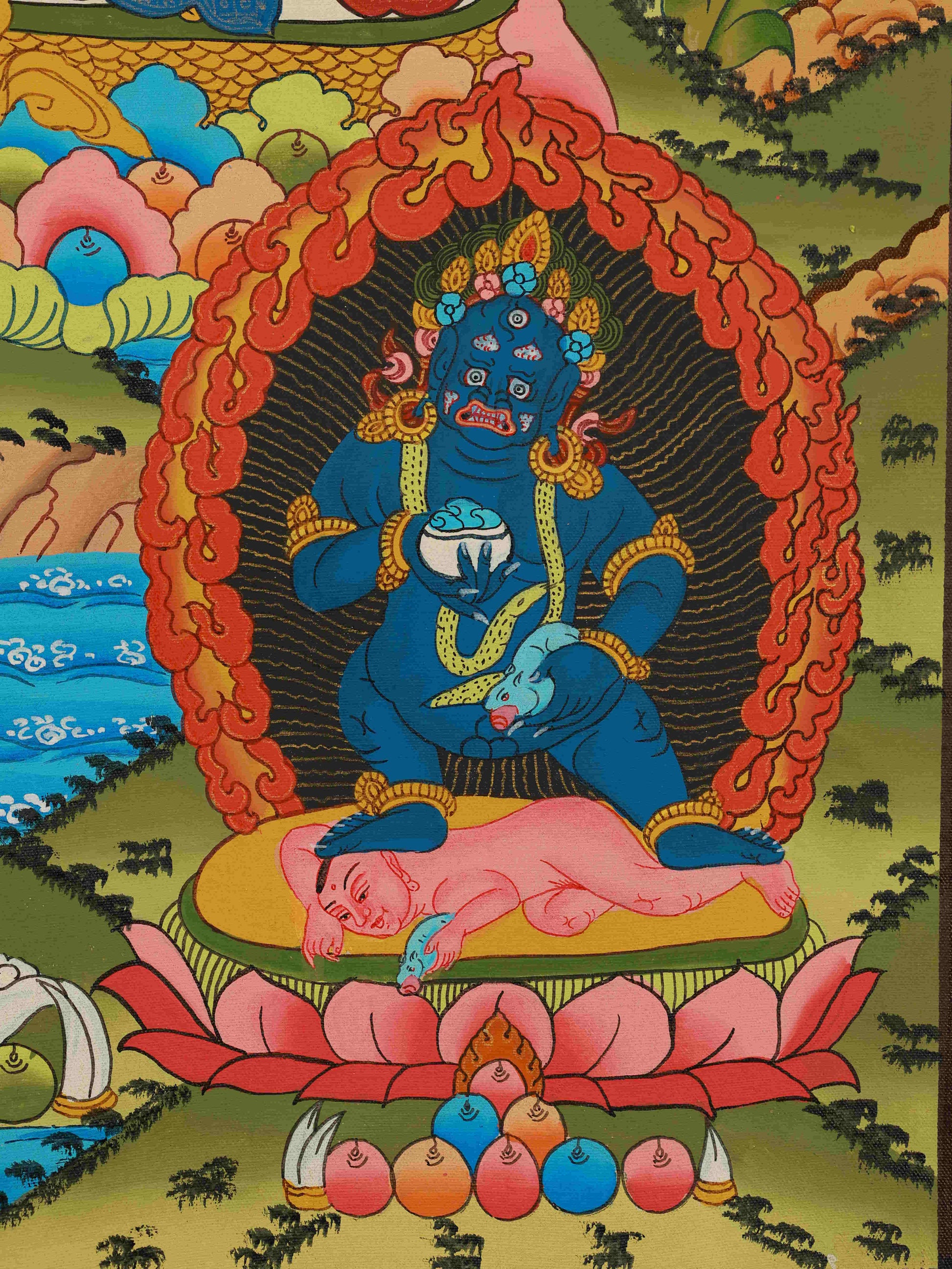 Yellow Jambhala Thangka painting, handcrafted with pure mineral pigments in traditional Tibetan Buddhist art style.