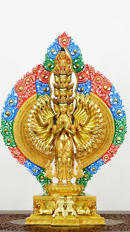 Handcrafted Tibetan-Buddhist Thousand-Arm Avalokiteshvara Buddha statue, painted with mineral pigments, showcasing the essence of Buddhist art and infinite compassion.