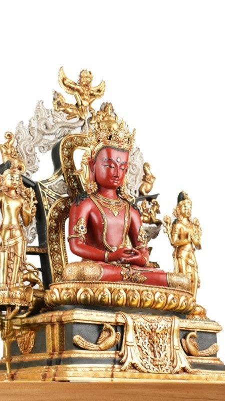  "Tibetan Buddhist Amithaba Three Deities Buddha Statue, hand-painted with mineral pigments and gilded with gold. A stunning work of art, representing the three aspects of the Buddha's infinite compassion." 

 