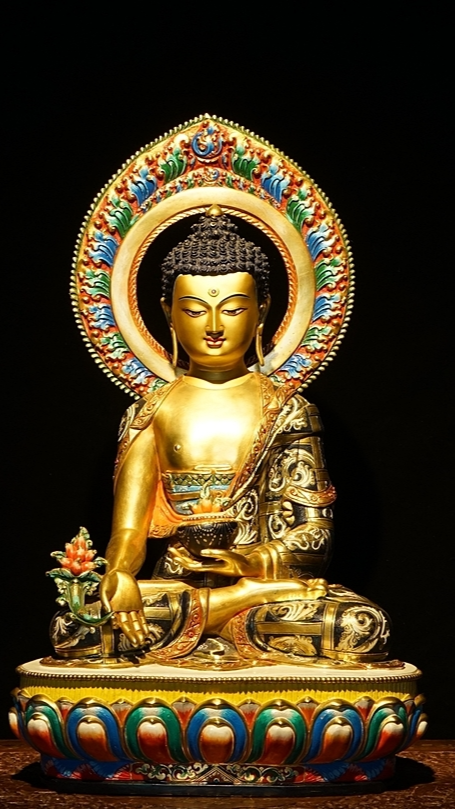 Alt text: Tibetan Buddhist Three Buddhas statue, hand-painted with mineral pigments, embodying the deep symbolism and spiritual power of Buddhist art.