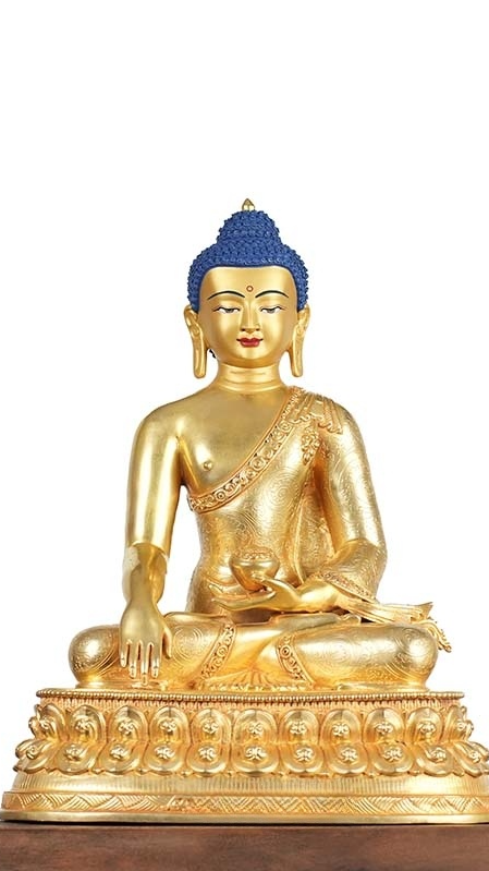 Alt Text: Gilded Tibetan Buddhist Three Buddhas statue, handcrafted with fine gold and mineral pigments, symbolizing the eternal wisdom and compassion of the Buddha.