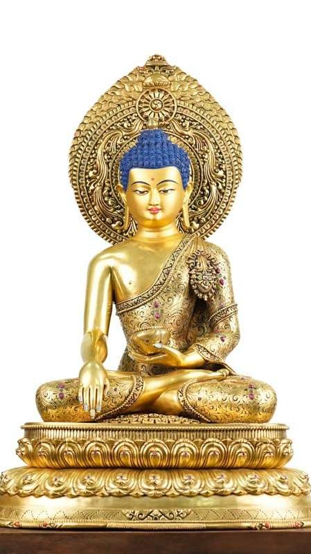 Alt Text: Tibetan Buddhist Three Buddhas statue, handcrafted with intricate mineral painting, representing the wisdom of past, present, and future Buddhas.