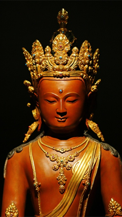 Alt Text: Handcrafted with great attention to detail, this Tibetan Buddhist Three Buddhas statue is painted with mineral pigments. It embodies the traditional artistic features of Tibetan Buddhism and is a unique piece to elevate the spiritual atmosphere of any space.