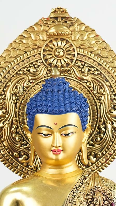 Alt Text: Pure gilded Tibetan Buddhist Three Buddhas statue, handcrafted with gold and mineral pigments, symbolizing enlightenment, compassion, and peace.