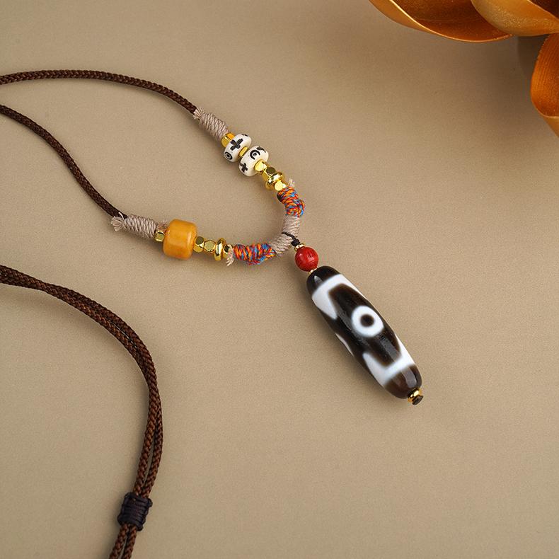 Tibetan Three Eyes Agate Necklace with Copper, Glass, and Spiritual Beads