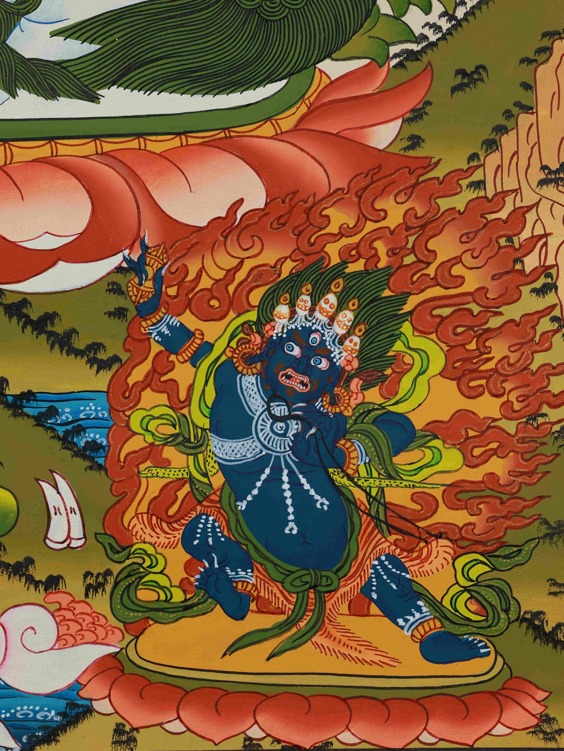 Exquisite Tibetan-buddhist Yellow Jambhala Thangka created with copper pigment and mineral colors, symbolizing abundance and good fortune.