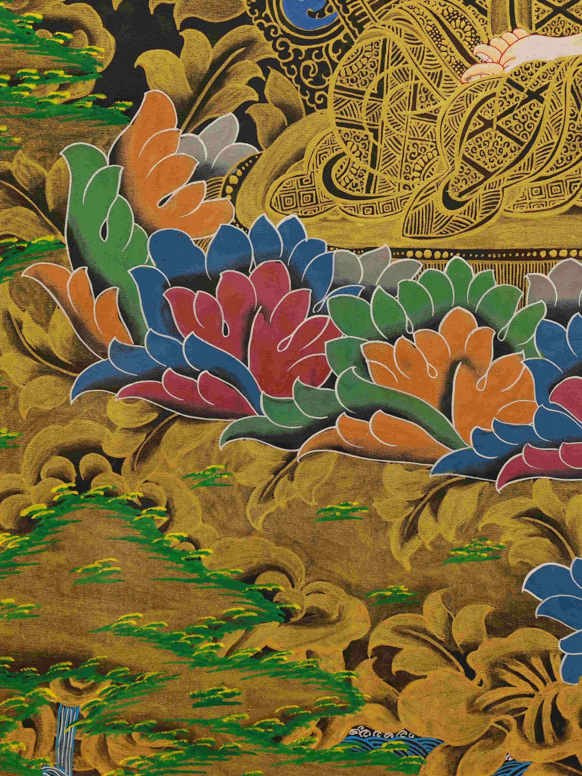 Handmade Tibetan Thangka Painting of Akasagarbha Bodhisattva – sacred Buddhist art of wisdom and spiritual illumination.