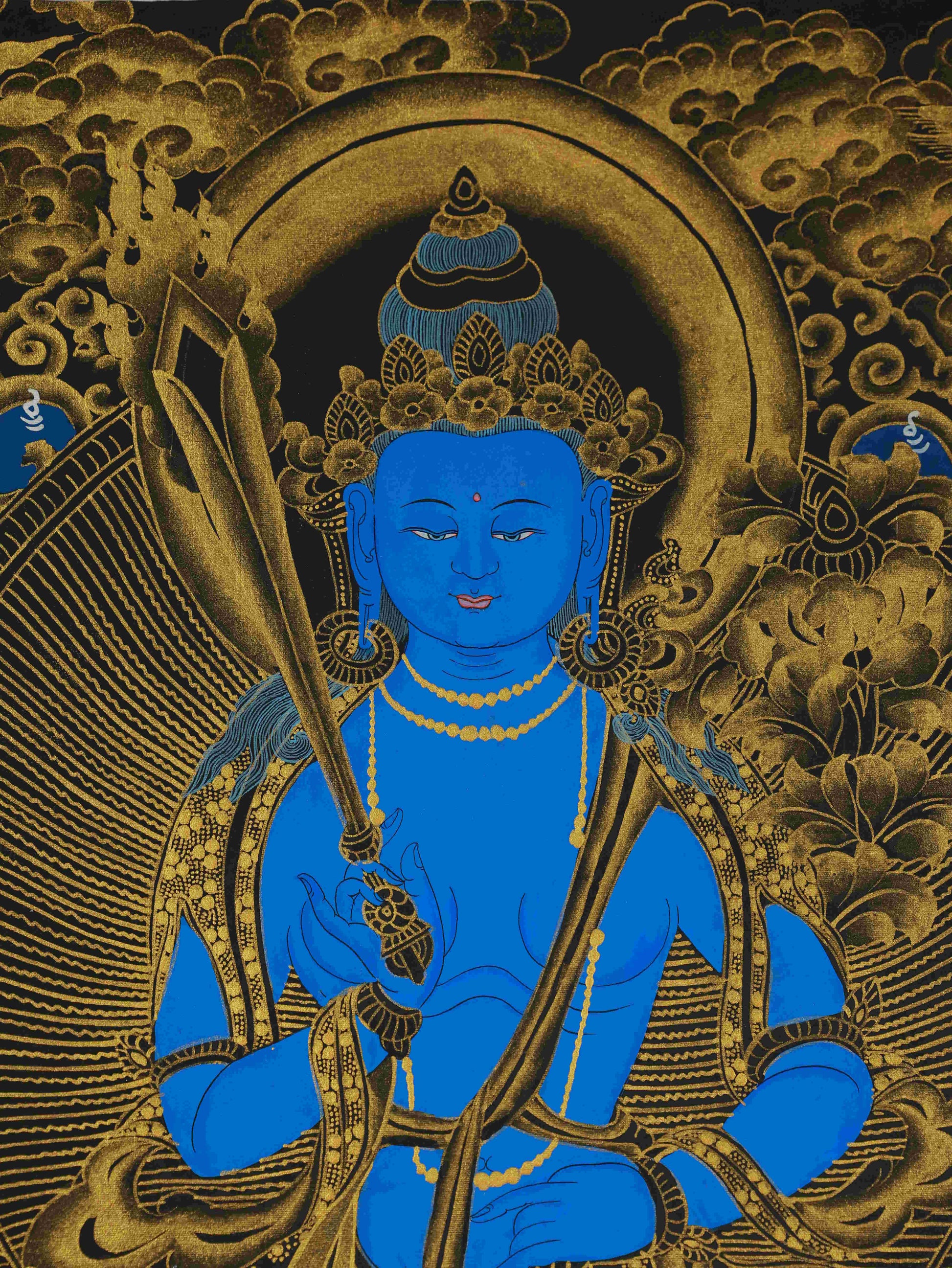 Black and Gold Tibetan Thangka of Akasagarbha Bodhisattva – hand-painted sacred art symbolizing knowledge and enlightenment.