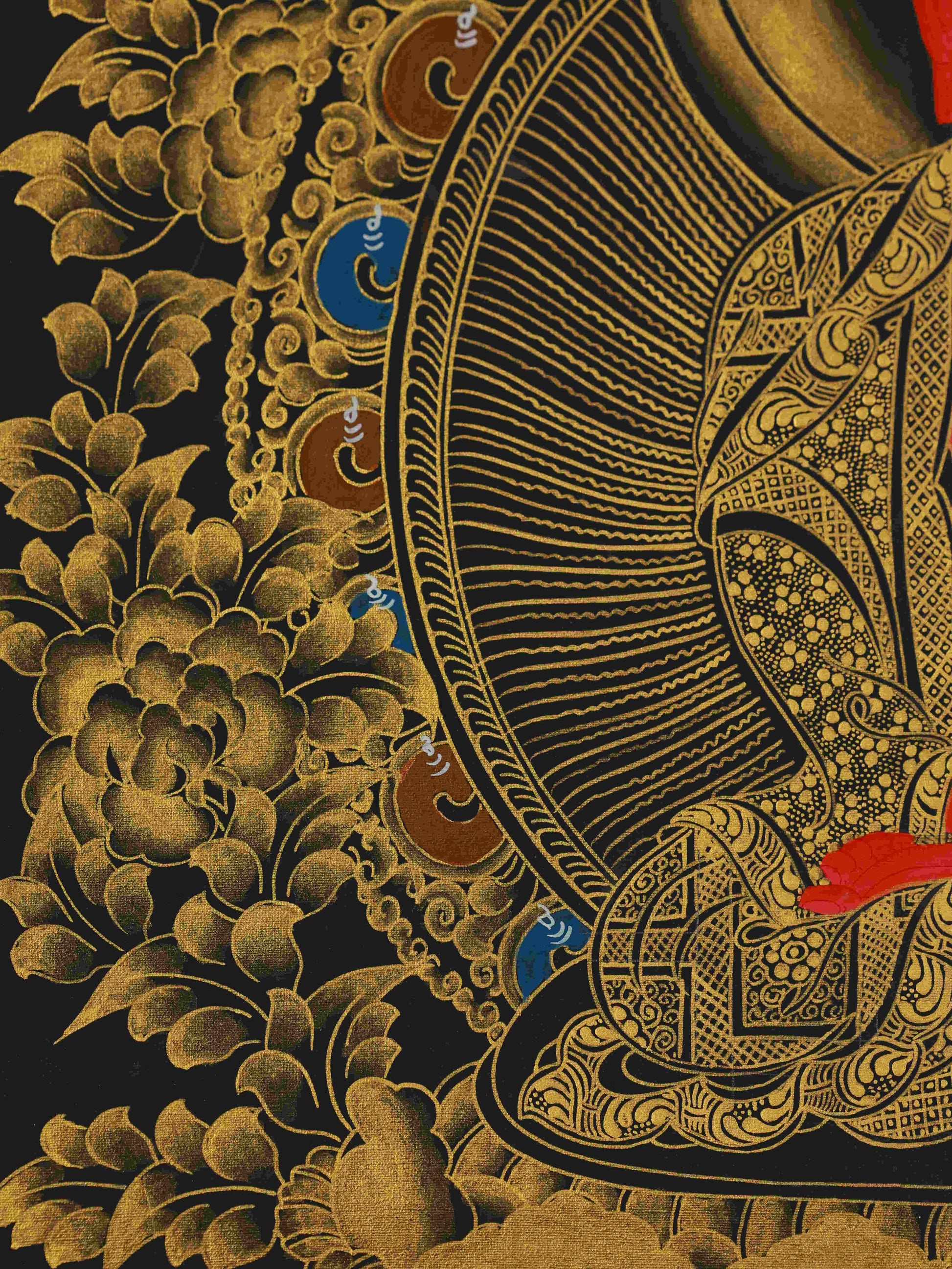 Hand-painted Tibetan Thangka of Amitabha Buddha – black and gold sacred art for devotion and peace.