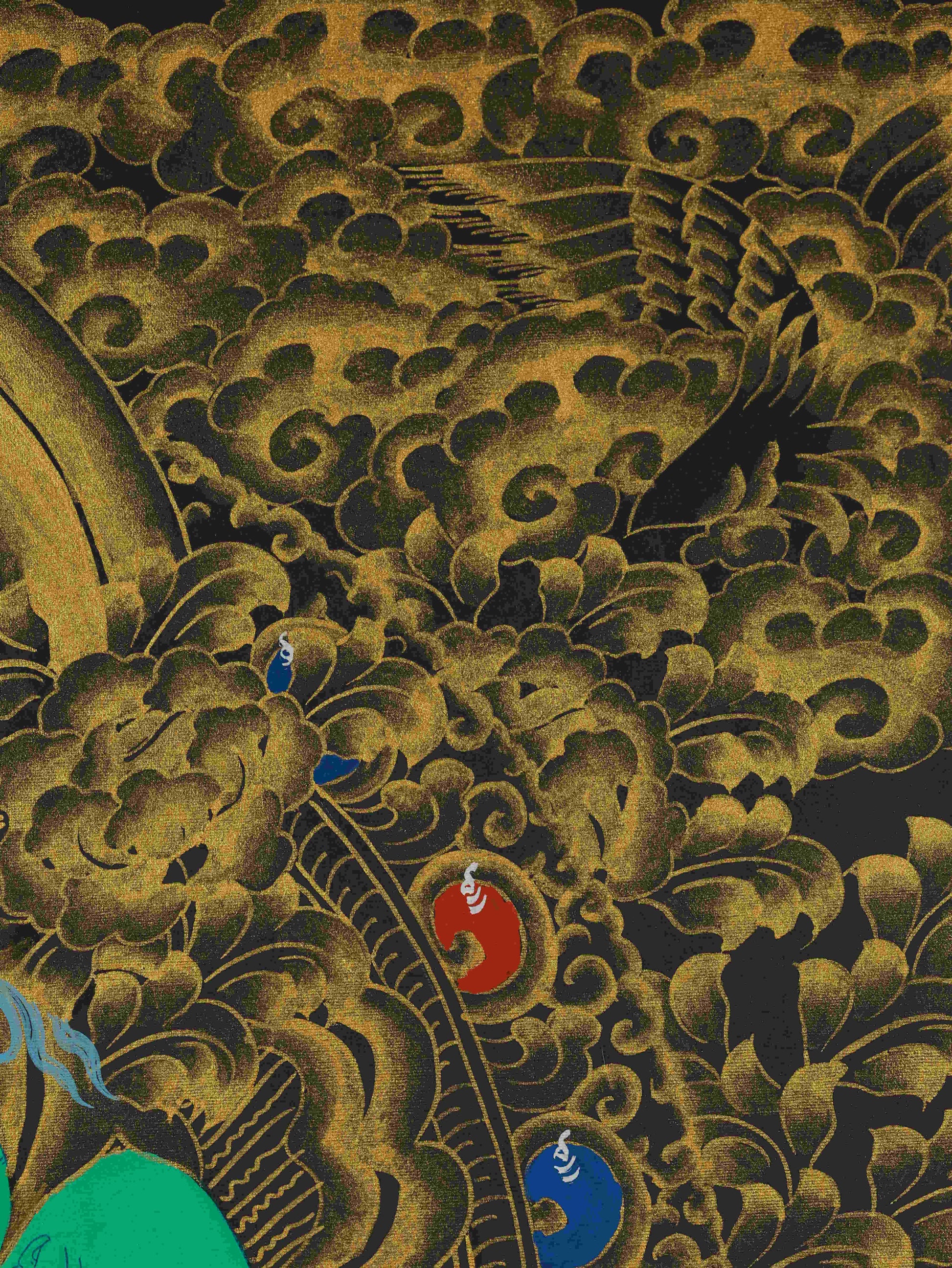 Tibetan Thangka Painting of Green Tara in Black and Gold – sacred hand-painted Buddhist artwork on canvas.