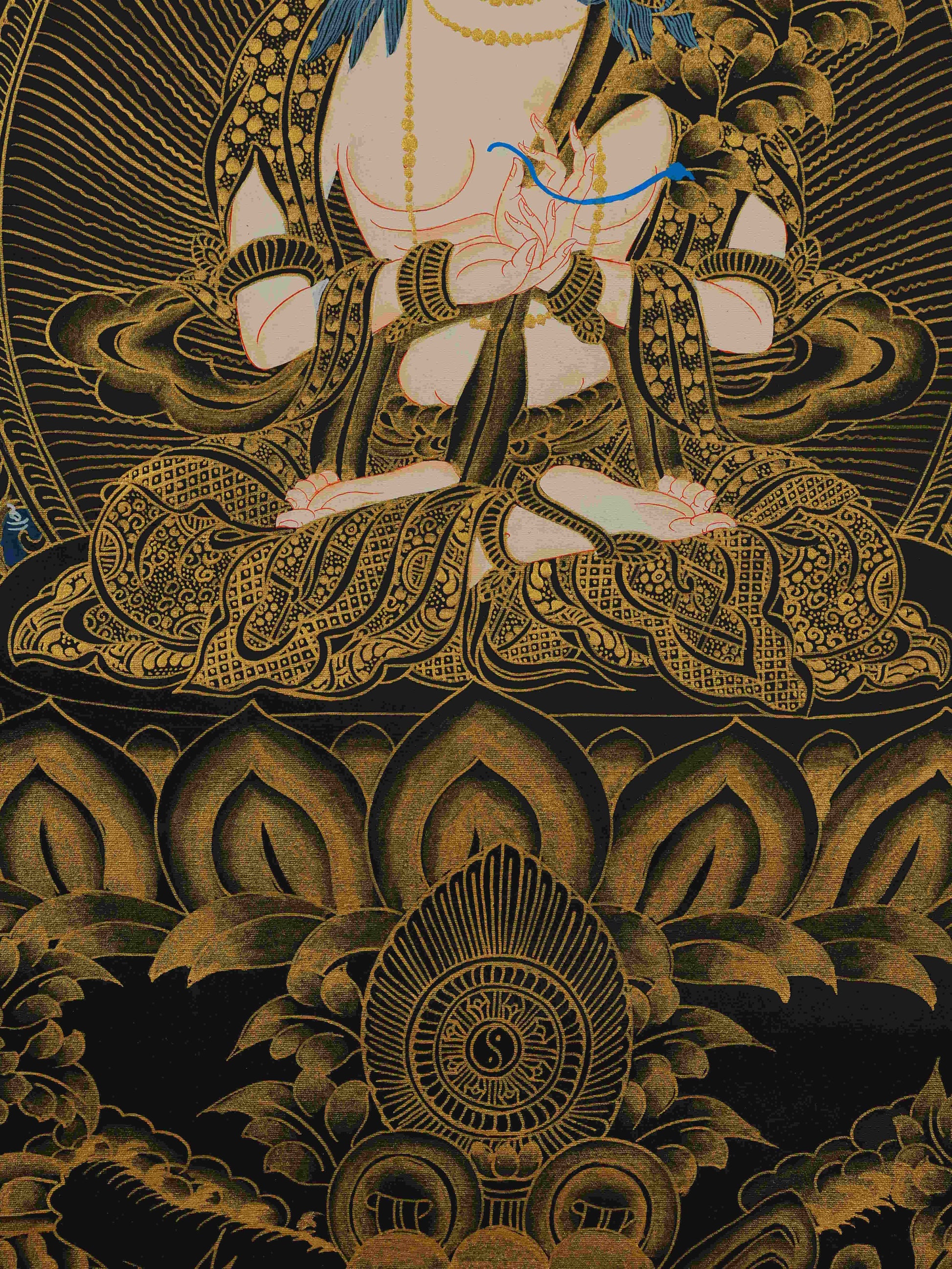 Tibetan Thangka Painting of Samantabhadra Bodhisattva – black and gold sacred art on canvas.