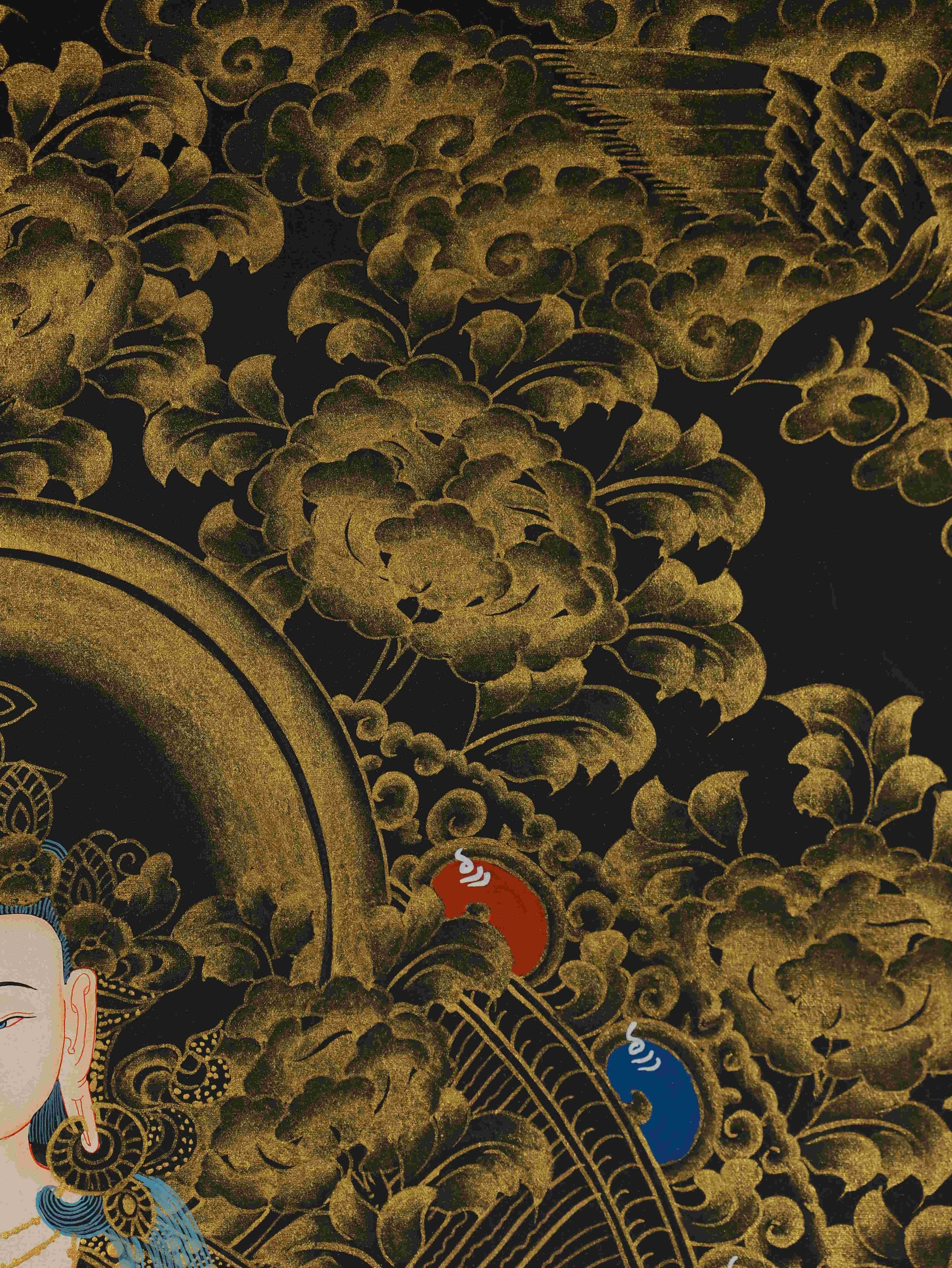 Black and Gold Samantabhadra Tibetan Thangka Artwork – authentic hand-painted Buddhist art symbolizing enlightenment.