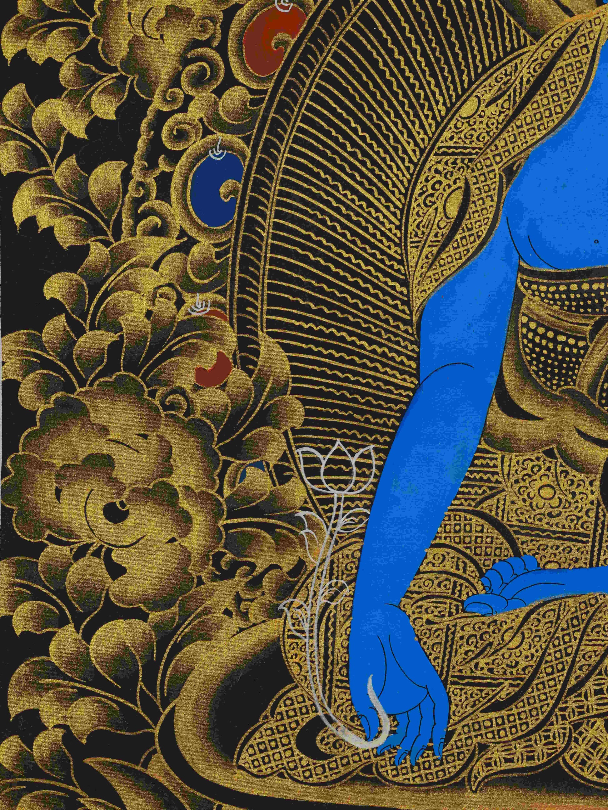 Black and Gold Tibetan Thangka of Shakyamuni Buddha – hand-painted sacred art crafted by Tibetan artisans.