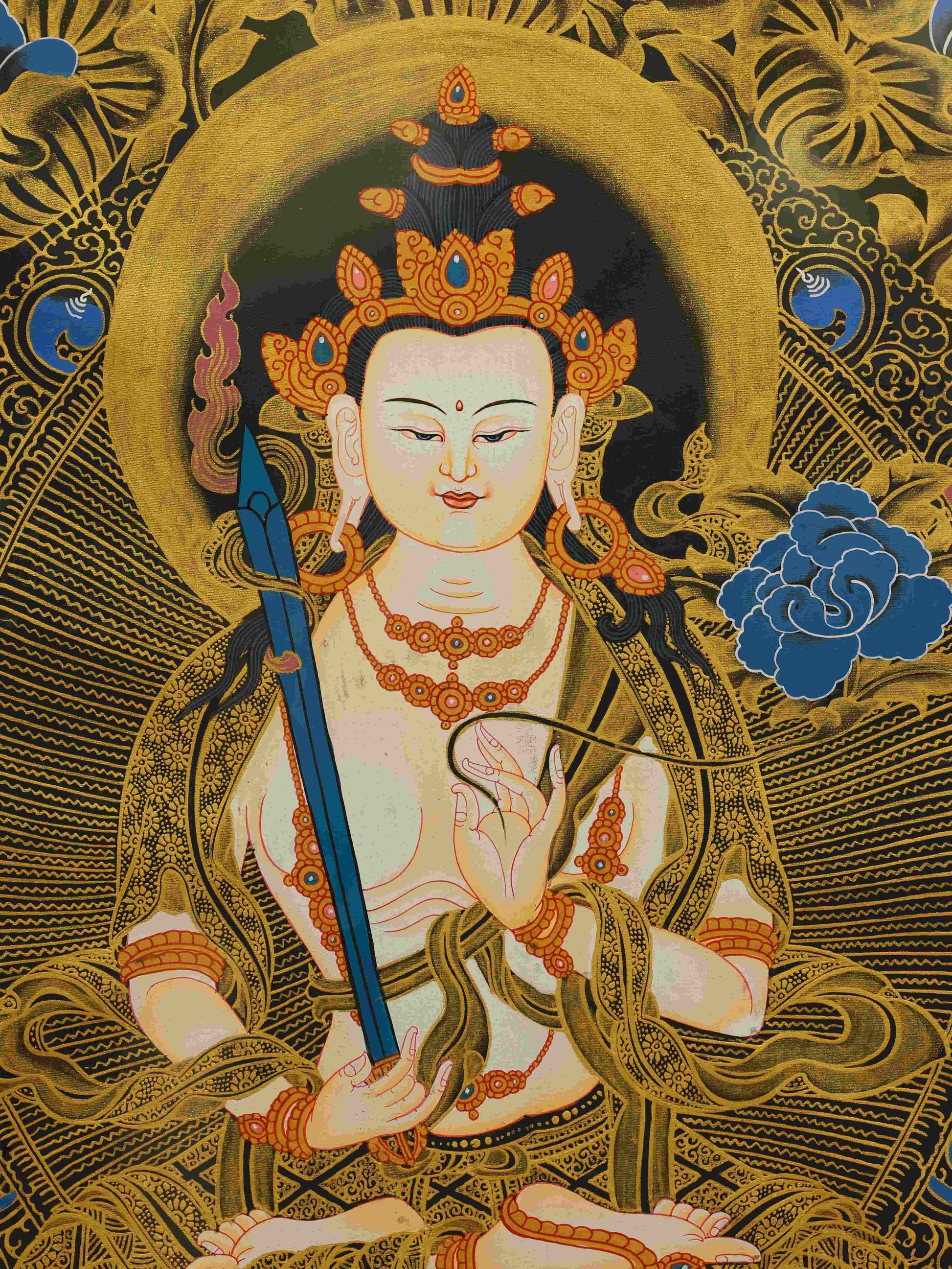 Hand-painted Tibetan Thangka of Akasagarbha Bodhisattva – crafted with mineral pigments on thangka canvas.