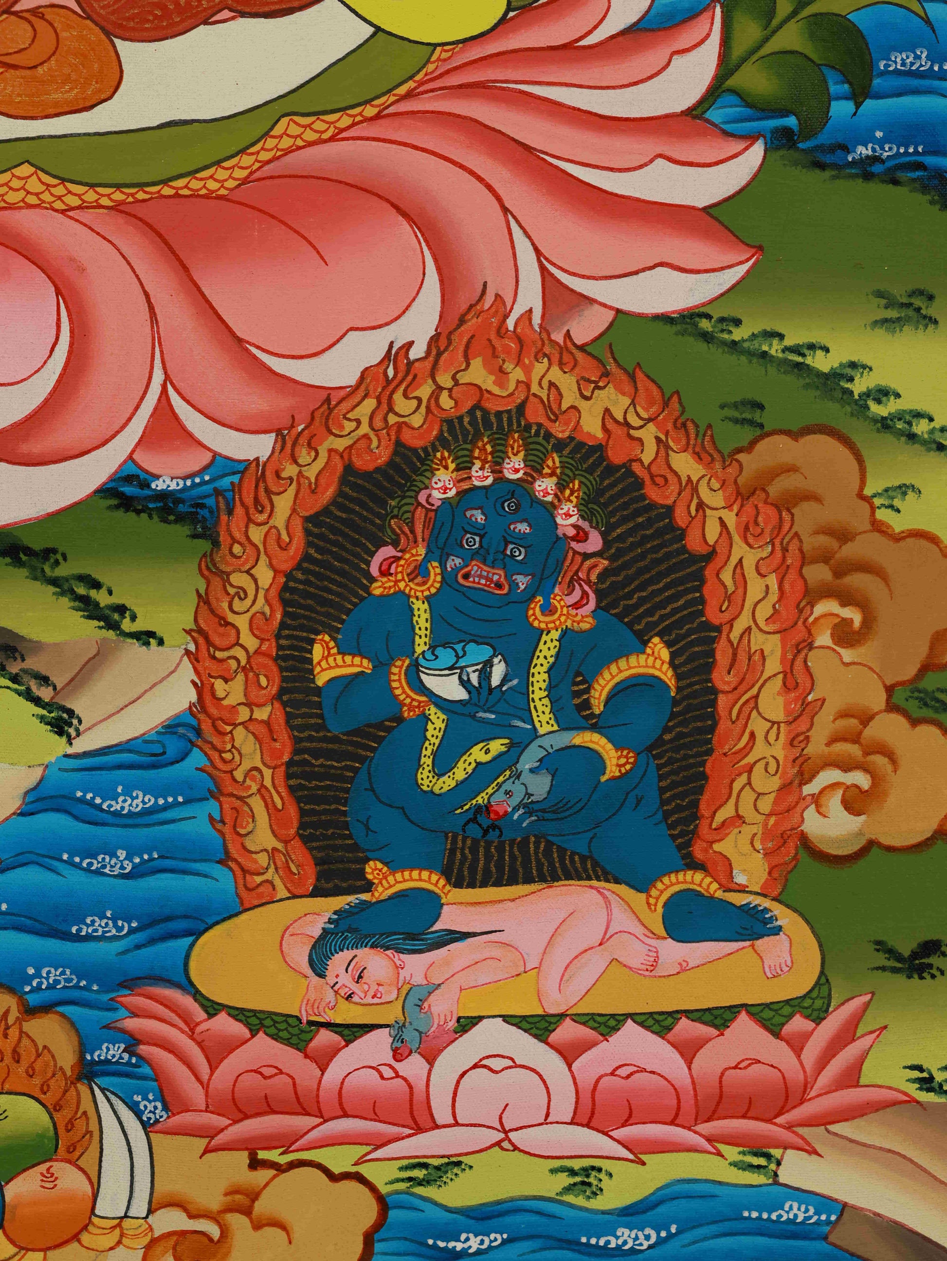 Handmade Yellow Jambhala Tibetan Thangka painting on canvas, crafted with sacred precision.