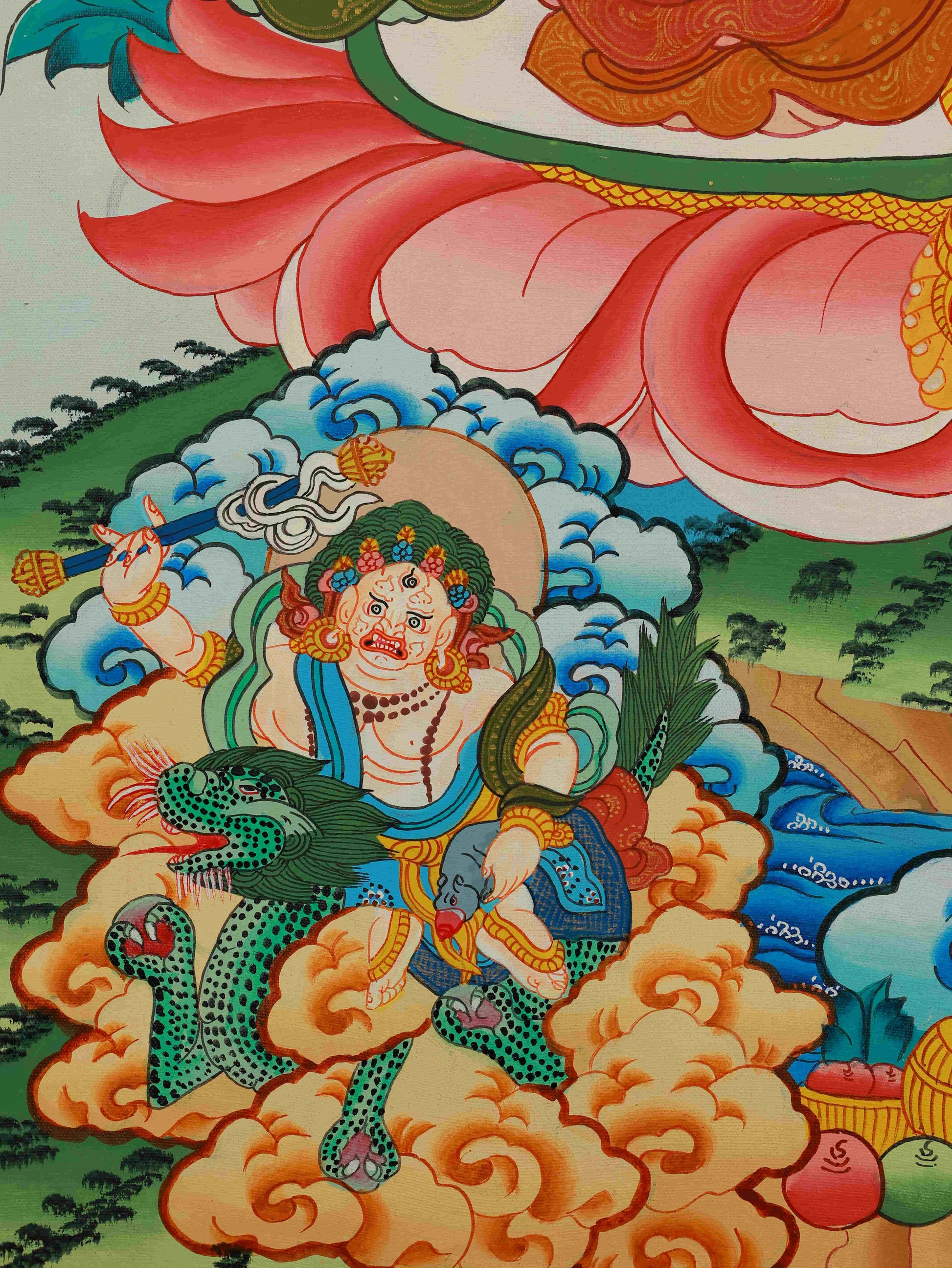 Handmade Yellow Jambhala Tibetan Thangka art on canvas, a sacred piece of Tibetan Buddhist craftsmanship.