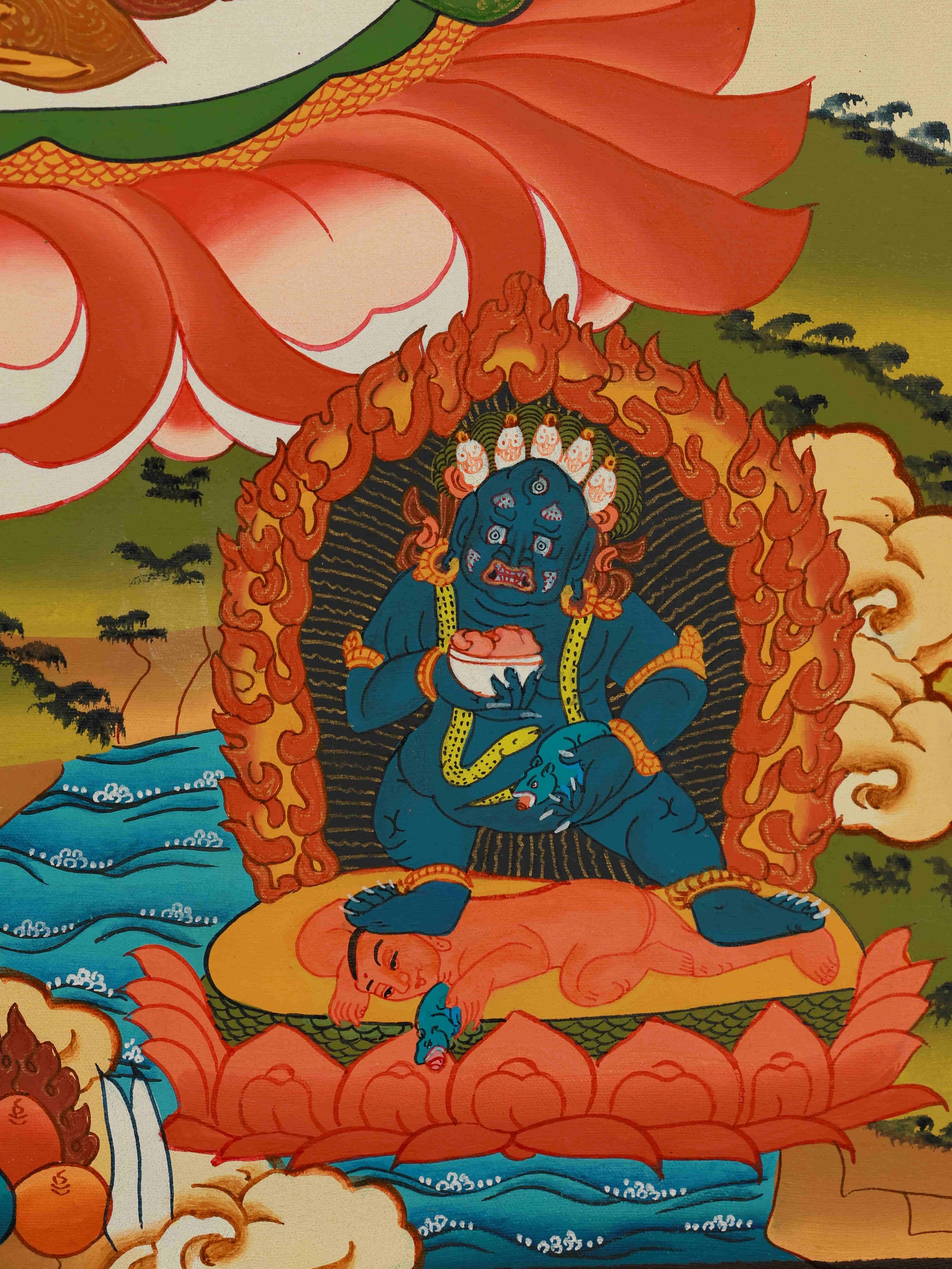 Tibetan-Buddhist Yellow Jambhala Thangka painting using natural mineral pigments, symbolizing wealth and spiritual blessings.