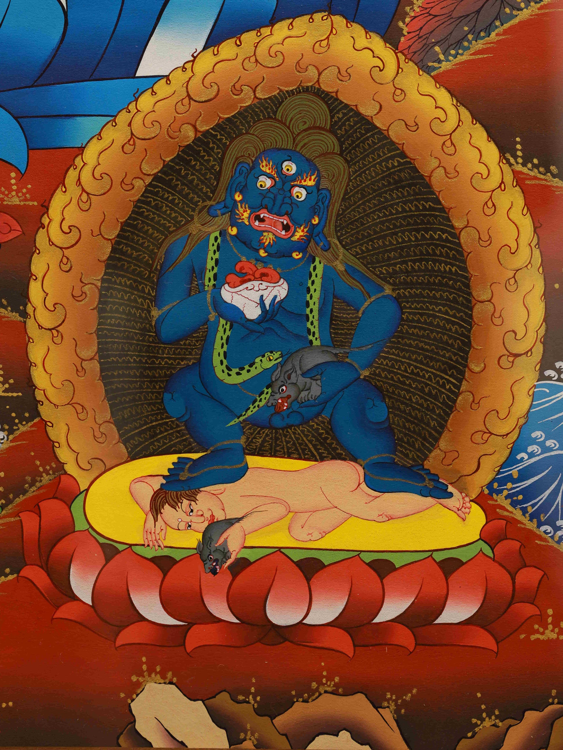 Handcrafted thangka artwork showing the Yellow Dzambhala seated on lotus, radiating blessings.
