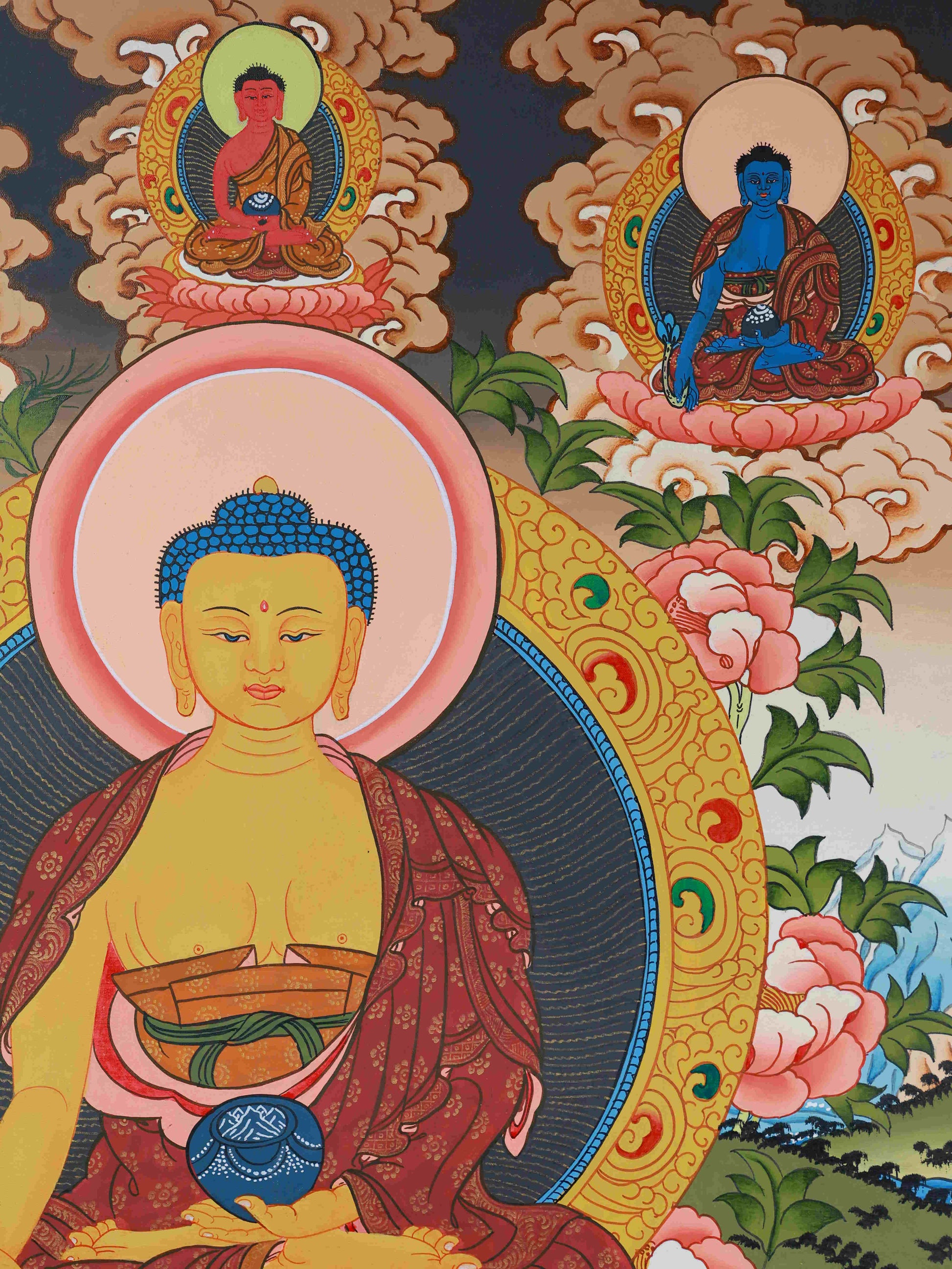 Meditation-inspired Tibetan Thangka painting of Shakyamuni Buddha, bringing serenity to spiritual spaces.