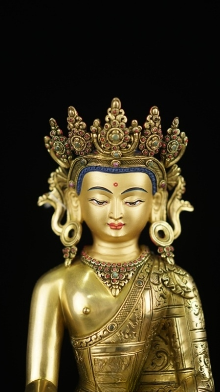 Handcrafted Tibetan Buddhist Shakyamuni Buddha Statue-Art in purple copper, painted with mineral pigments for sacred spaces