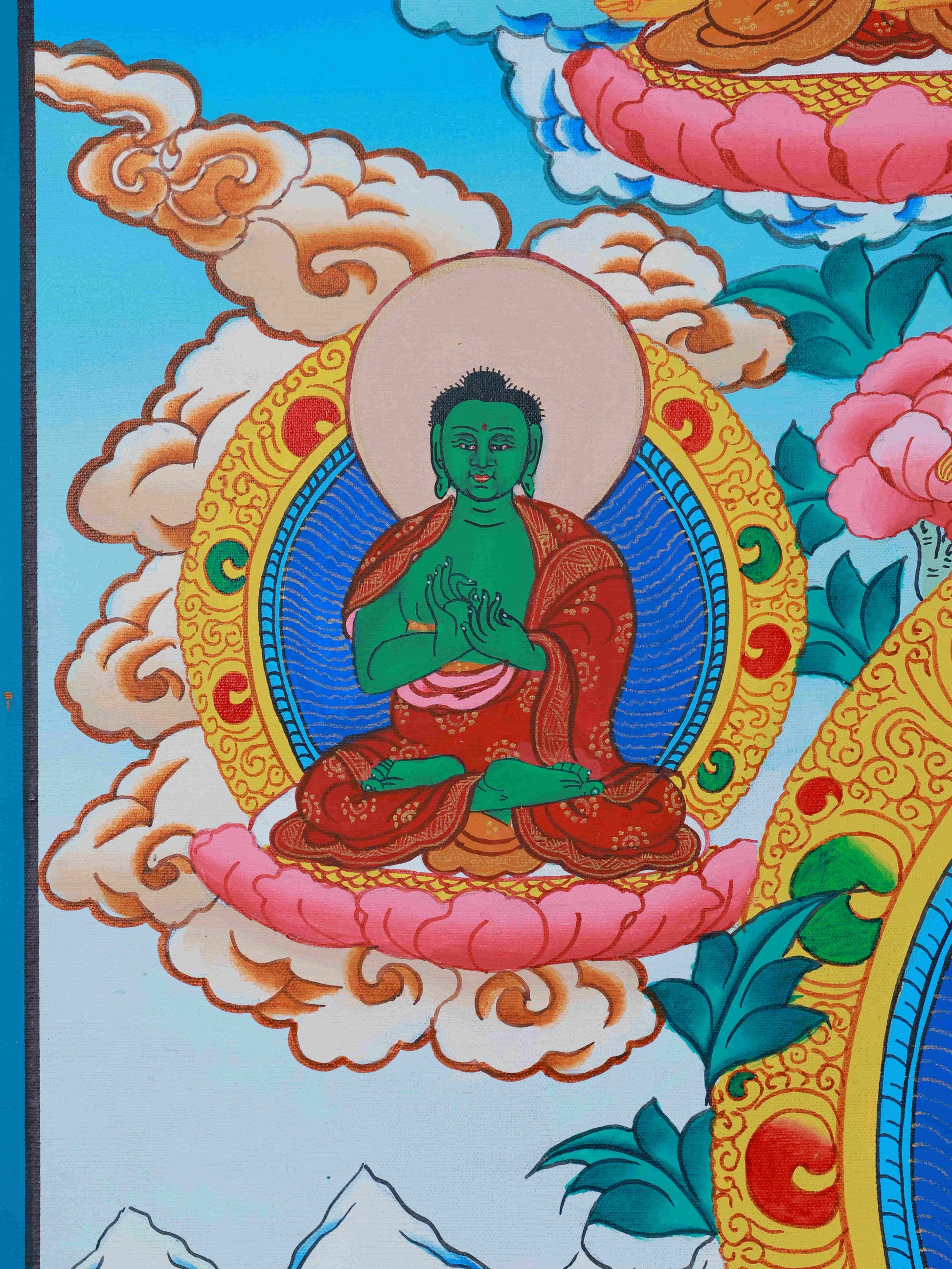 Traditional Tibetan Buddhist Thangka of Medicine Buddha, entirely hand-painted with mineral pigments and spiritual detail.
