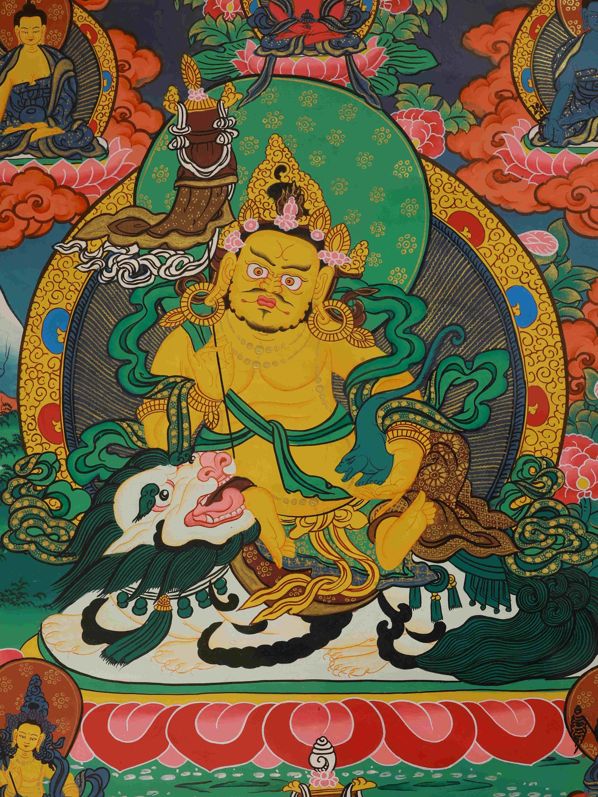 Tibetan Buddhist Wealth Deity Yellow Dzambhala Thangka – Traditional art for abundance and protection.