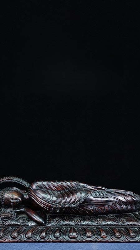 Traditional Tibetan Buddhist reclining Buddha wood carving, hand-painted with mineral pigments, representing classic Tibetan Buddhist statues and refined Buddha Statue-Art