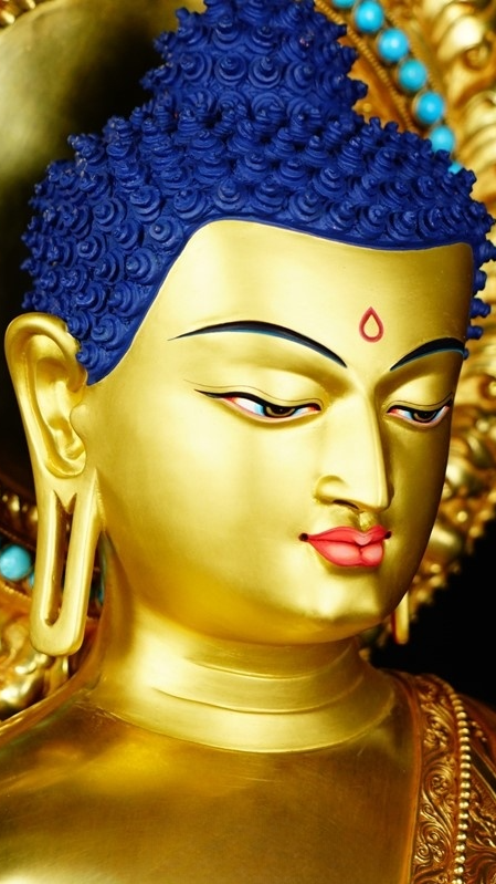 Handmade and gilded Tibetan Buddhist Three Buddhas statue, featuring intricate details and vibrant mineral colors, ideal for Buddhist art enthusiasts.