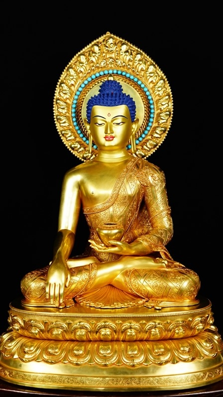 Tibetan Buddhist Trinity Buddha statue in a traditional style, gilded and adorned with mineral-based paints, a stunning example of Buddhist artistry.