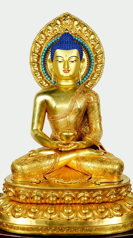 A finely crafted Tibetan Buddhist Three Buddhas statue, gilded with mineral pigments, showcasing handcrafting excellence in every detail.
