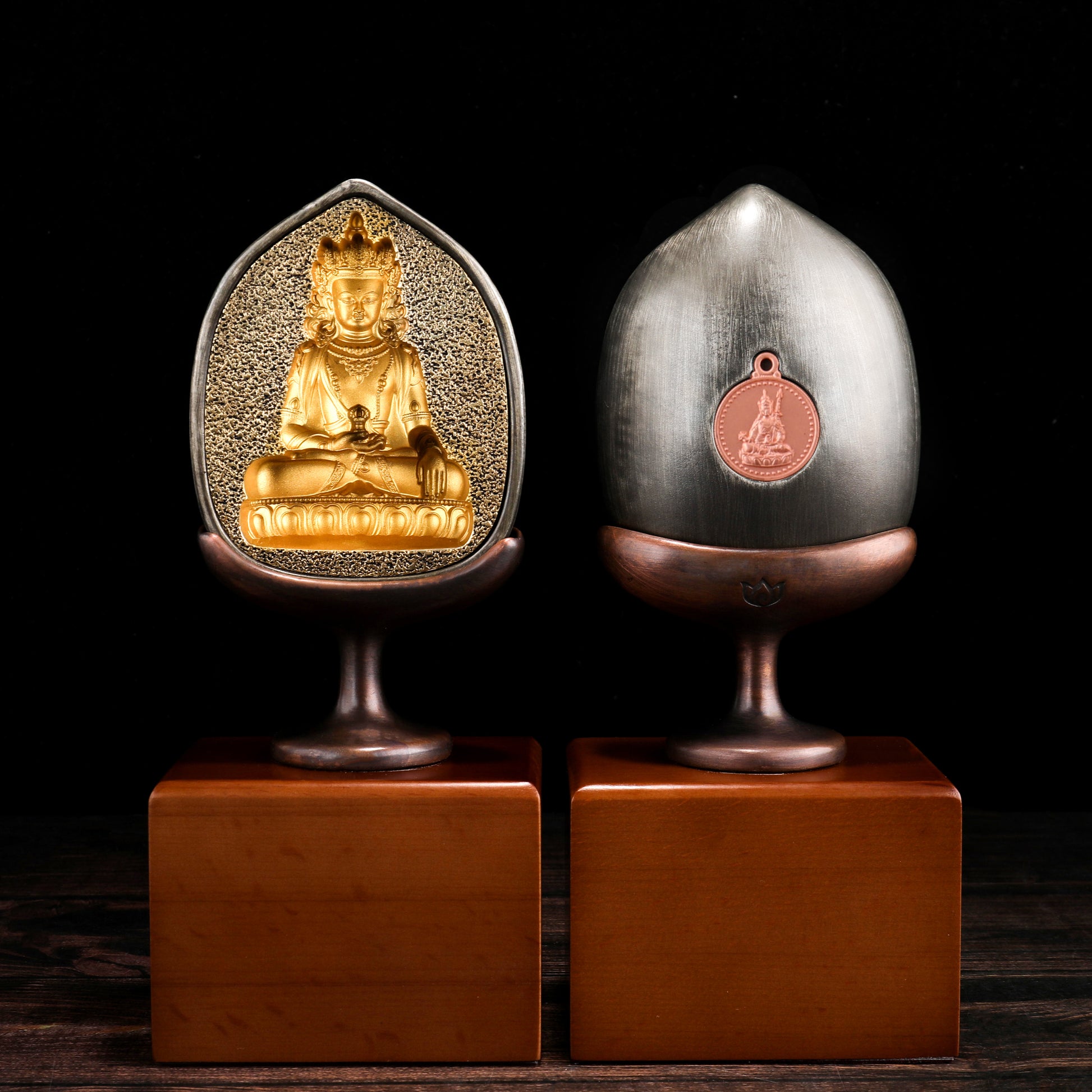 Sacred Tibetan tsatsa sculpture with brass, copper and wooden base.